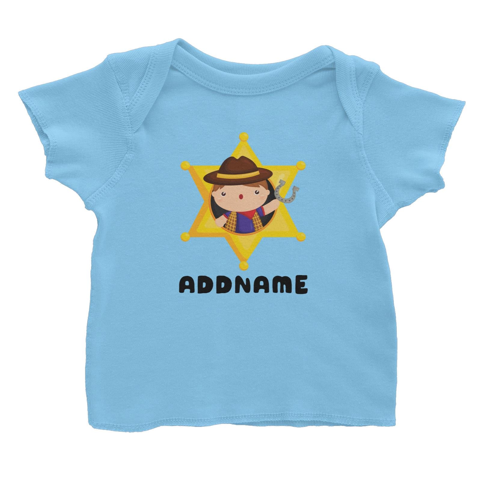 Birthday Cowboy Style Little Cowboy Holding Hoe In Star Badge Addname Baby T-Shirt