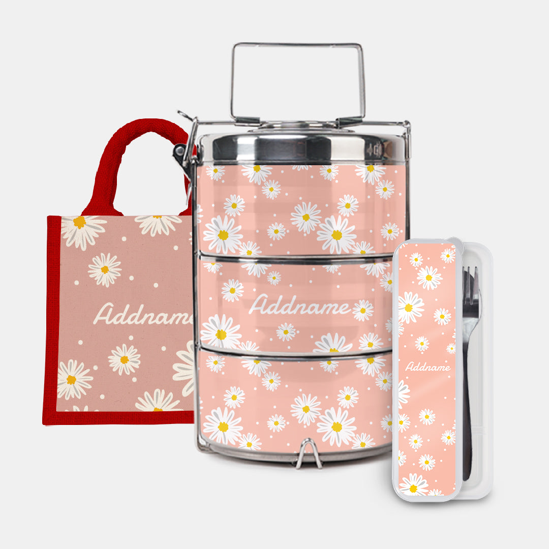 Daisy Series Half Lining Lunch Bag, Premium Tiffin Carrier And Cutlery Set - Coral Red