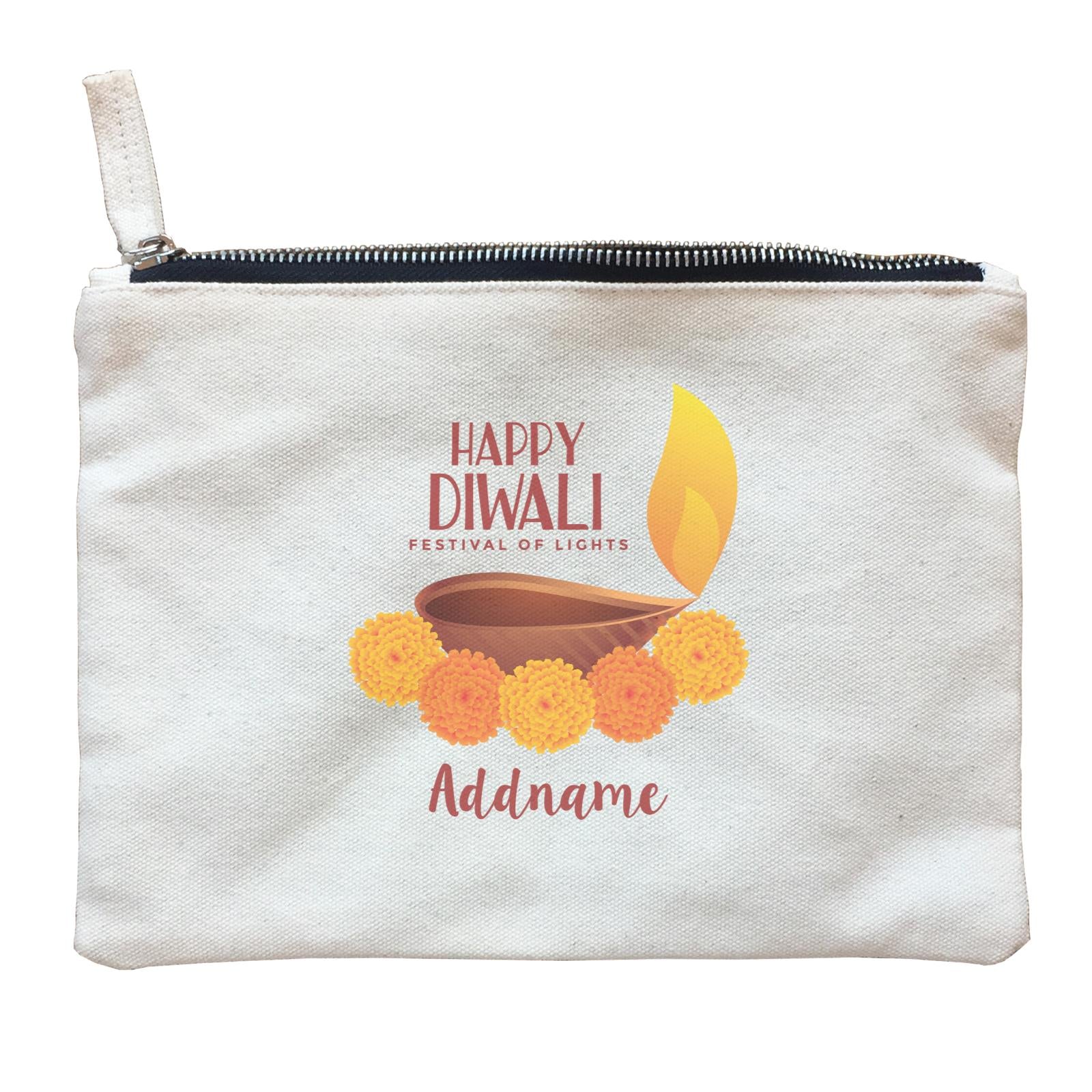 Deepavali Greetings Diyas With Flower Addname Zipper Pouch