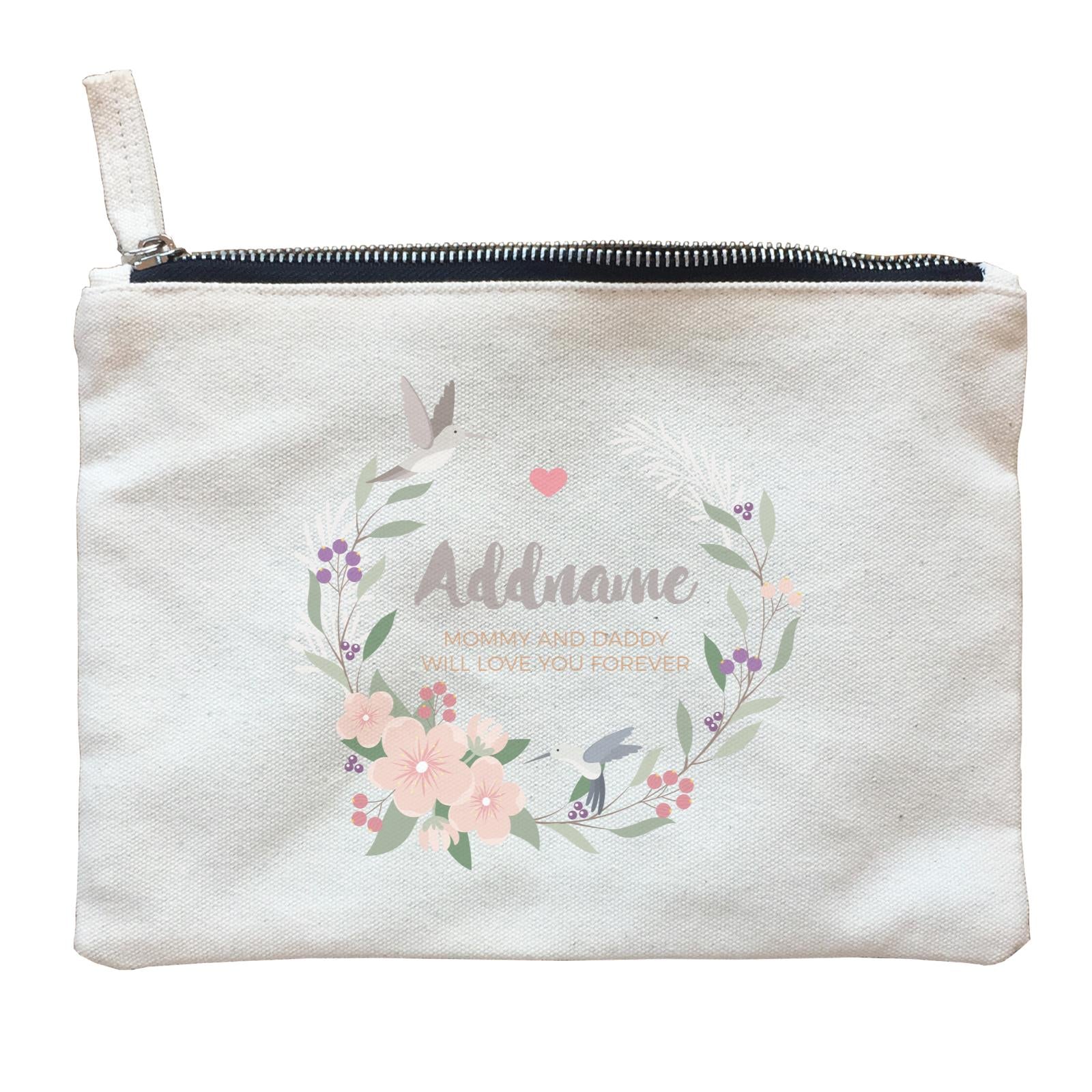 Pink Flower Berries Wreath and Hummingbirds Personalizable with Name and Text Zipper Pouch