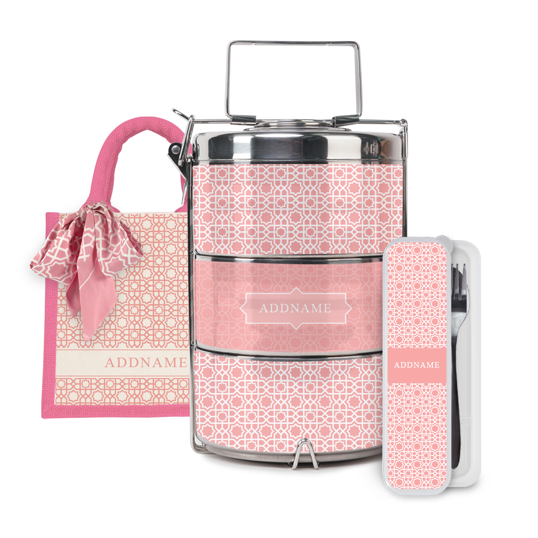 Annas Series - Peach Half Lining Lunch Bag, Tiffin Carrier and Cutlery Set