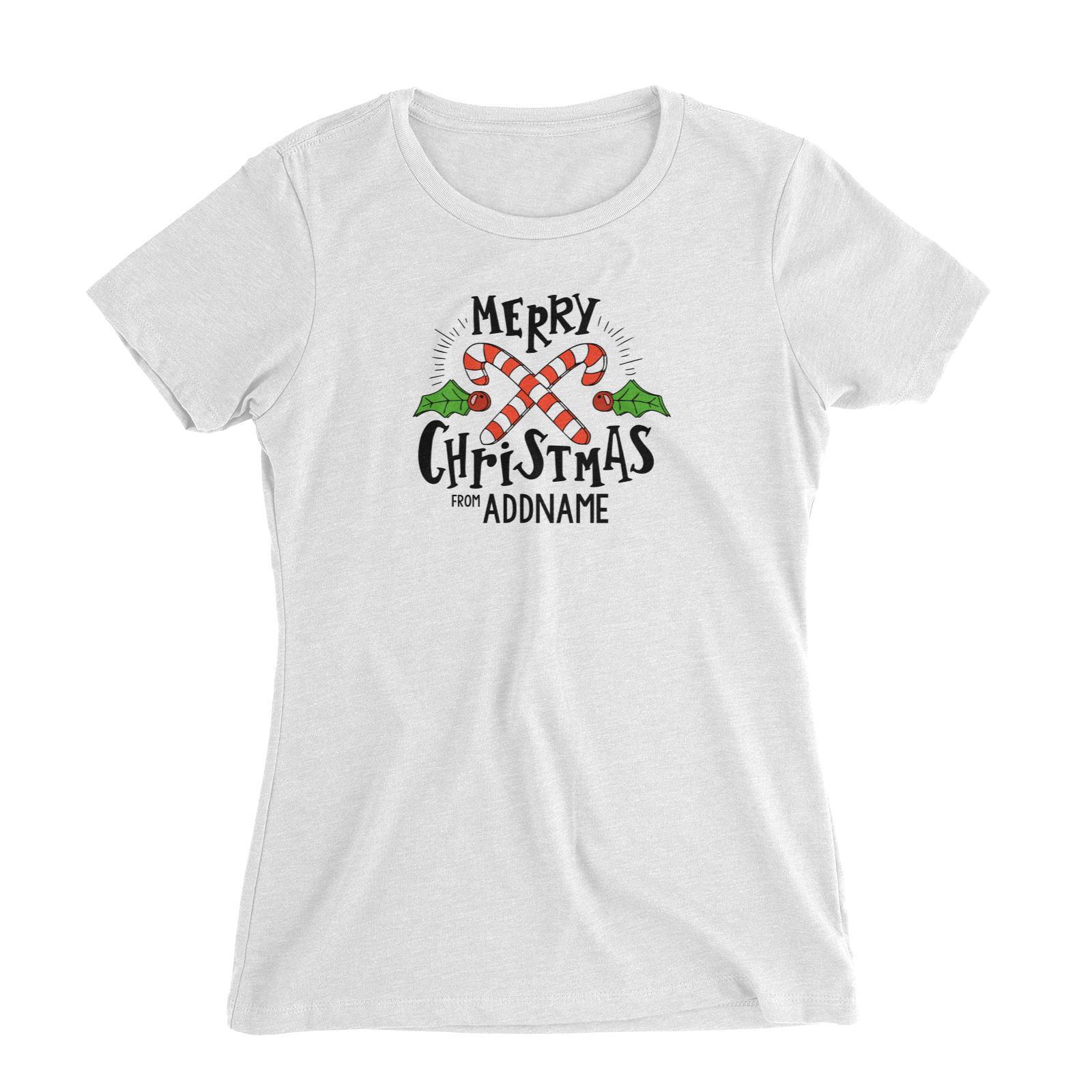 Merry Chrismas with Holly and Candy Cane Greeting Addname Women's Slim Fit T-Shirt Christmas Matching Family Personalizable Designs Lettering