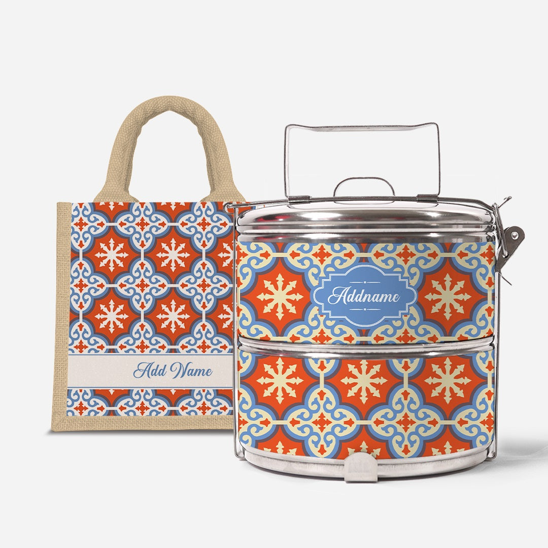 Moroccan Series Standard Two Tier Tiffin With Half Lining Lunch Bag  - Cherqi Natural