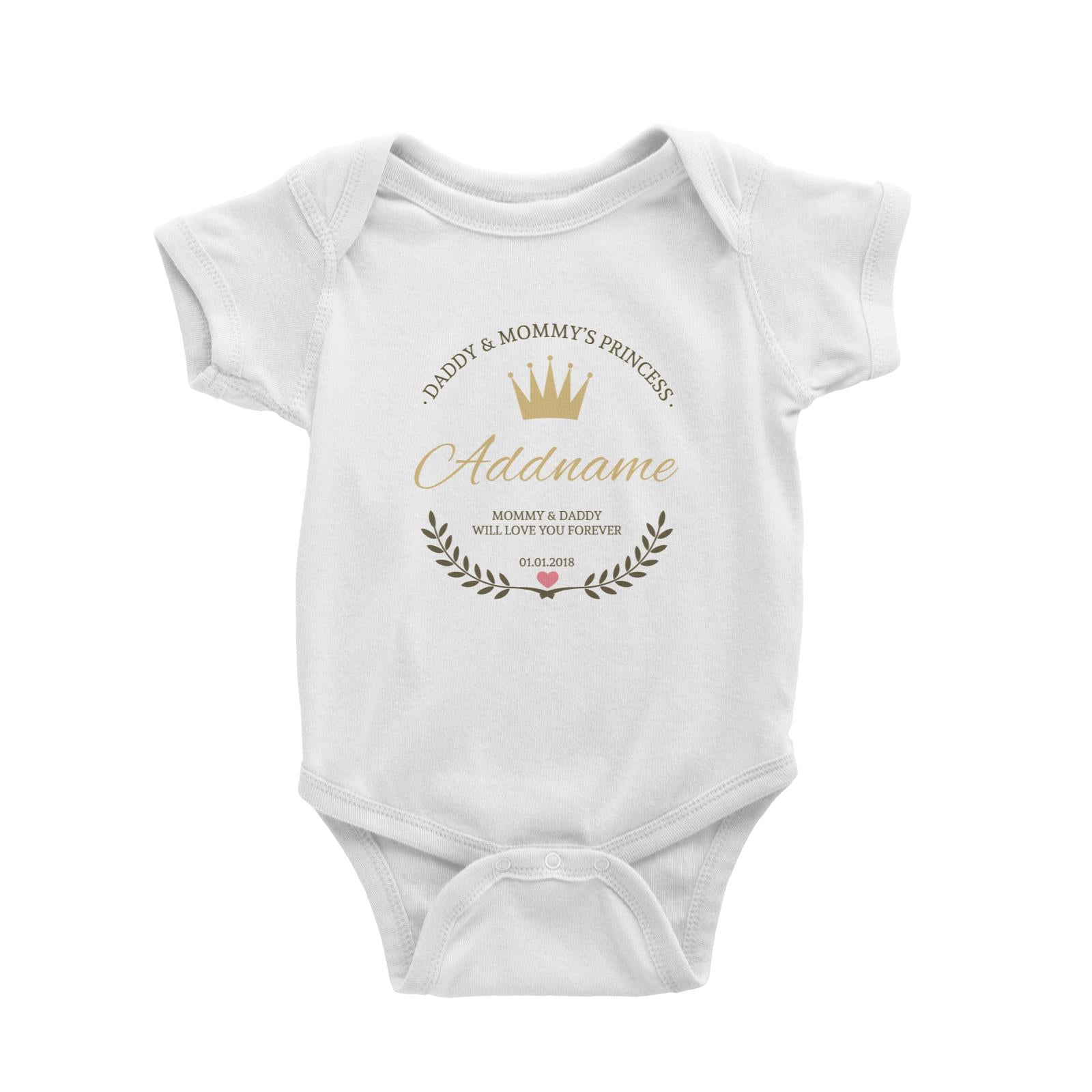 Daddy and Mommy's Princess with Tiara Wreath Personazliable with Name Text and Date Baby Romper