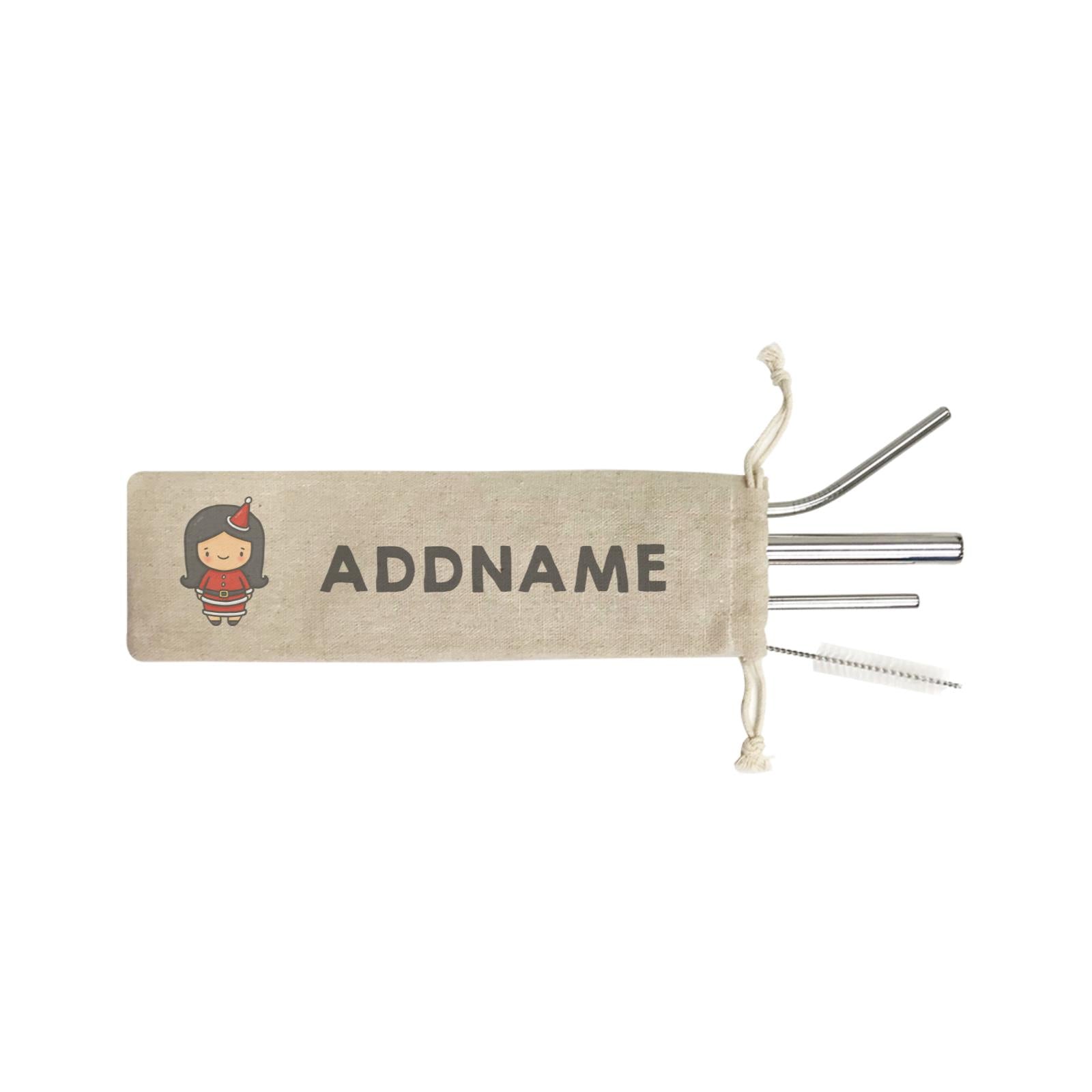 Xmas Cute Girl Addname SB 4-in-1 Stainless Steel Straw Set In a Satchel