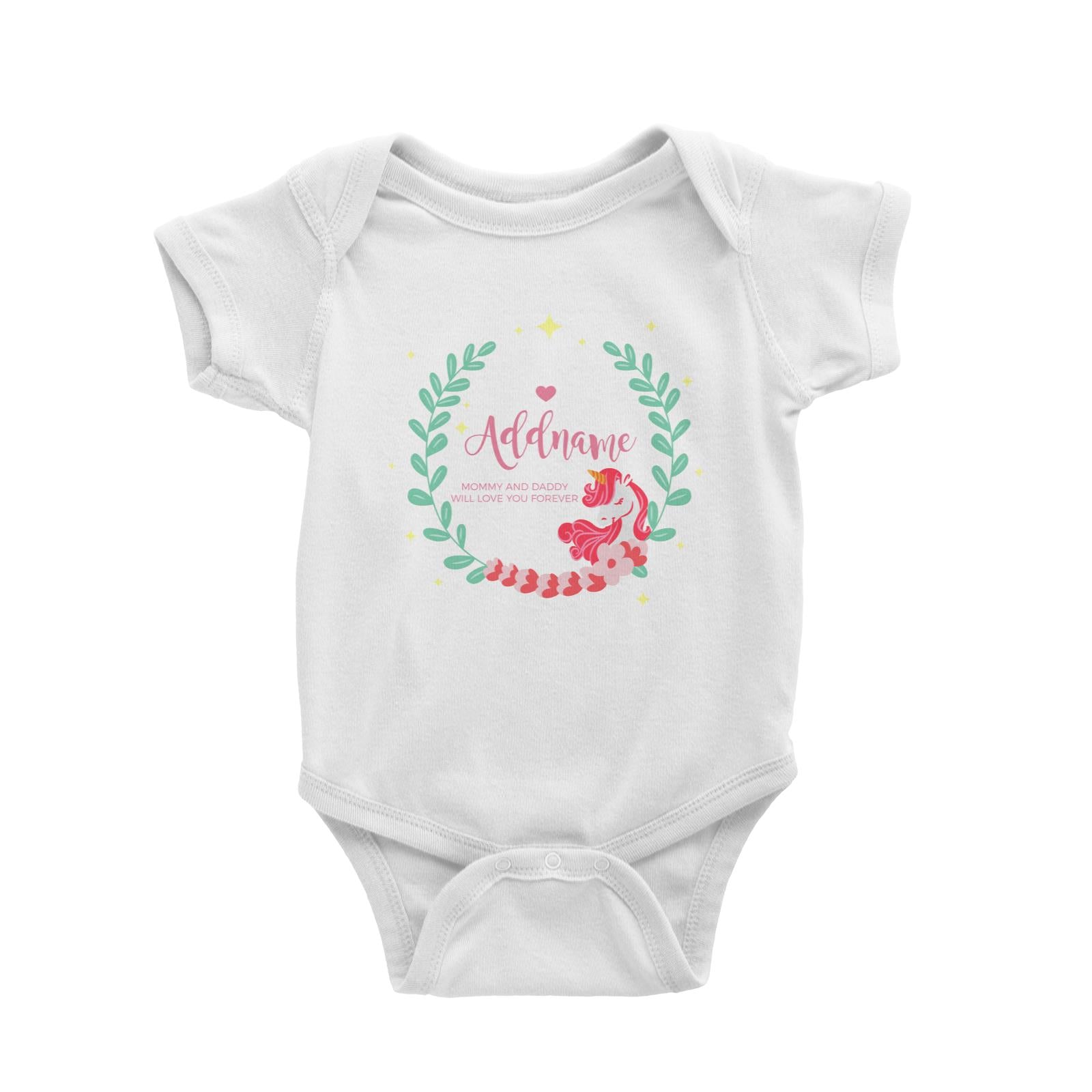 Cute Pink Unicorn with Pastel Green Leaves Wreath Personalizable with Name and Text Baby Romper