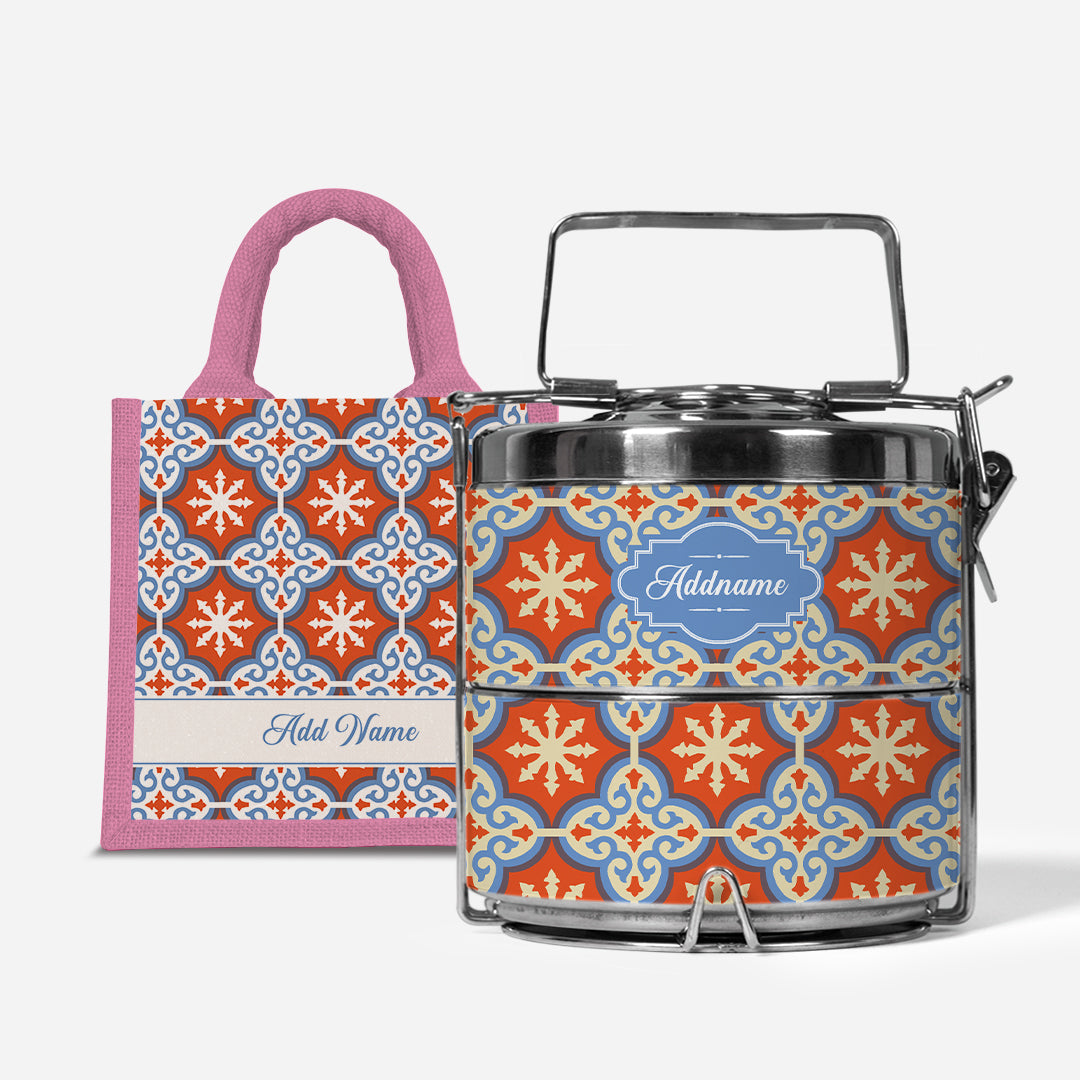 Moroccan Series Premium Two Tier Tiffin With Half Lining Lunch Bag  - Cherqi Light Pink