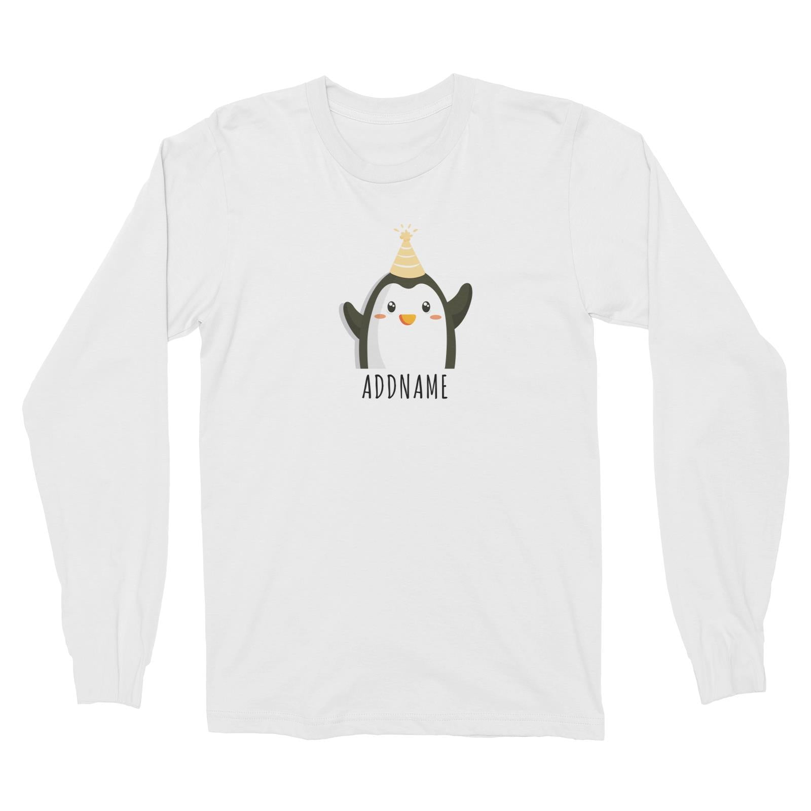 Birthday Cute Penguin Wearing Party Hat Addname Long Sleeve Unisex T-Shirt