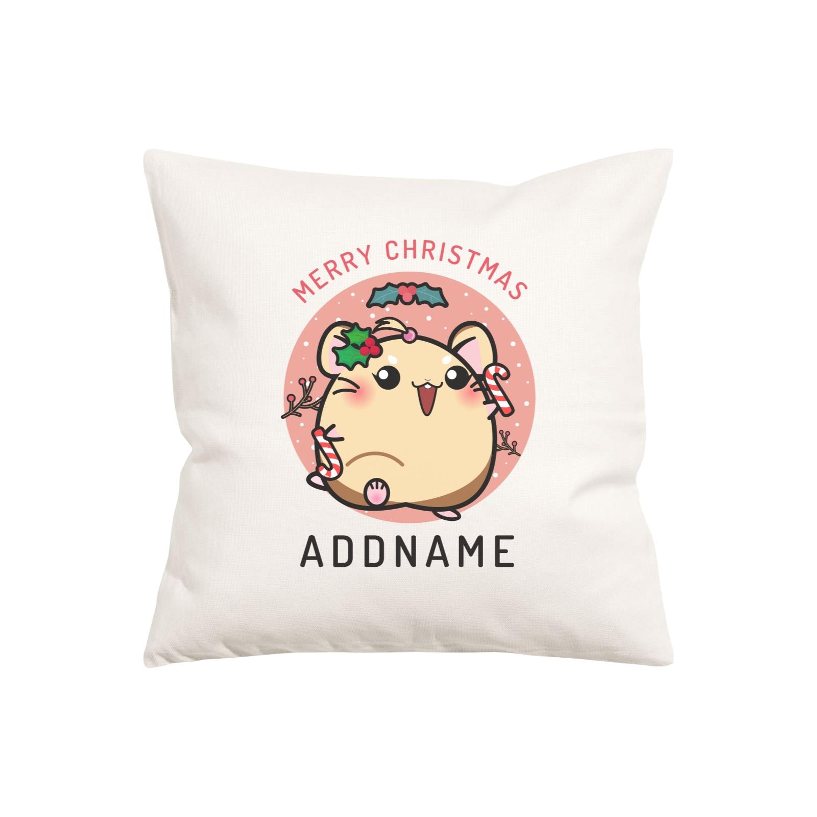 Merry Christmas Cute Santa Mistletoe Girl Hamster with Candy Cane Pillow Cushion