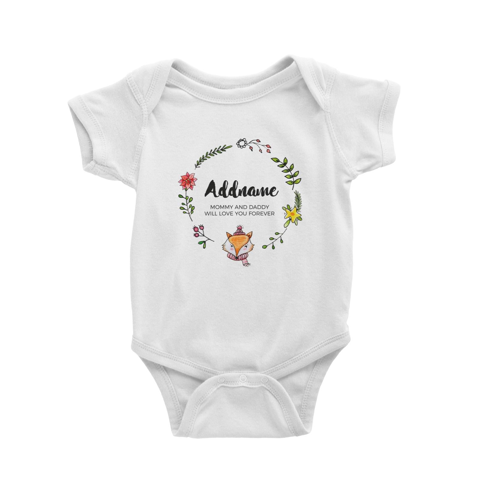 Doodle Green Wreath with Cute Fox Personalizable with Name and Text Baby Romper