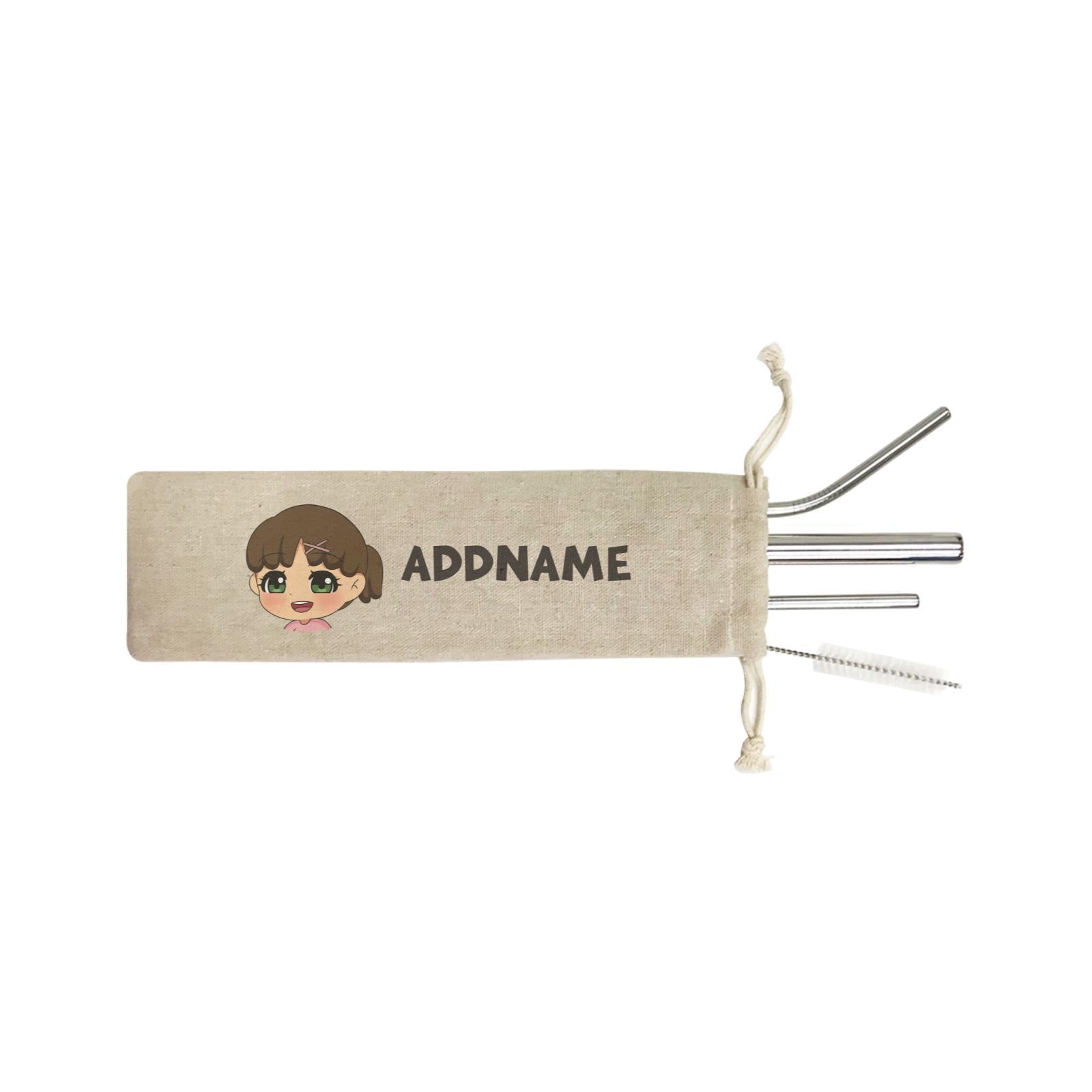 Children's Day Gift Series Little Girl Facing Right Addname SB 4-in-1 Stainless Steel Straw Set In a Satchel