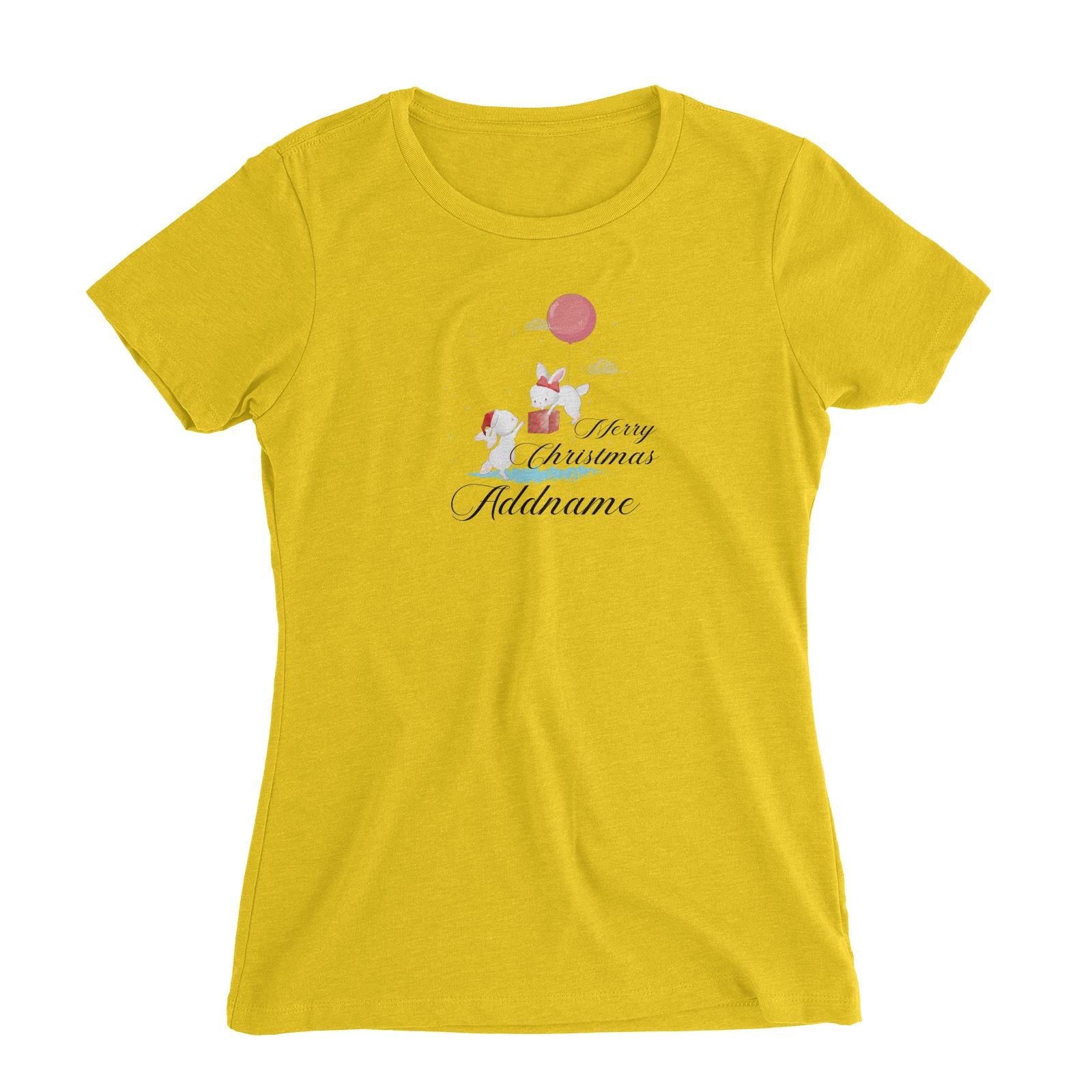 Christmas Cute Rabbits With Balloon Merry Christmas Addname Women Slim Fit T-Shirt