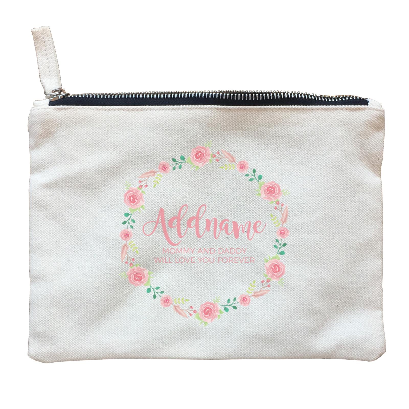 Pink Roses Wreath Personalizable with Name and Text Zipper Pouch