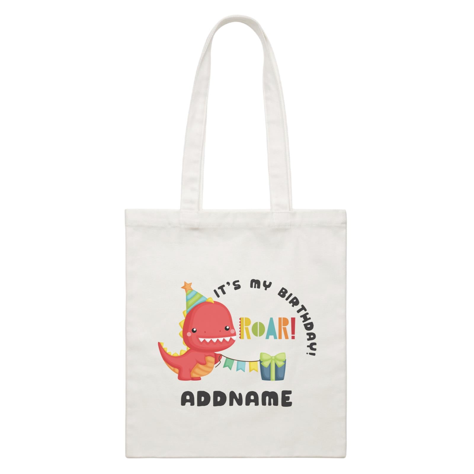 Birthday Dinosaur Happy Red Rex Wearing Party Hat It's My Birthday Addname White Canvas Bag