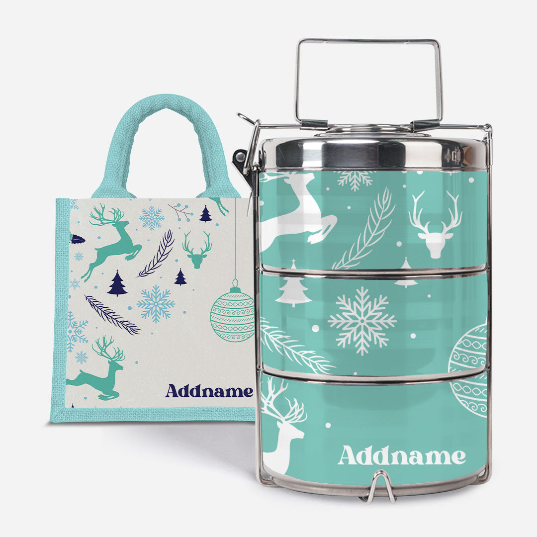 Christmas Series Premium Tiffin with Half Lining Lunch Bag Jubilant Reindeers Light Blue