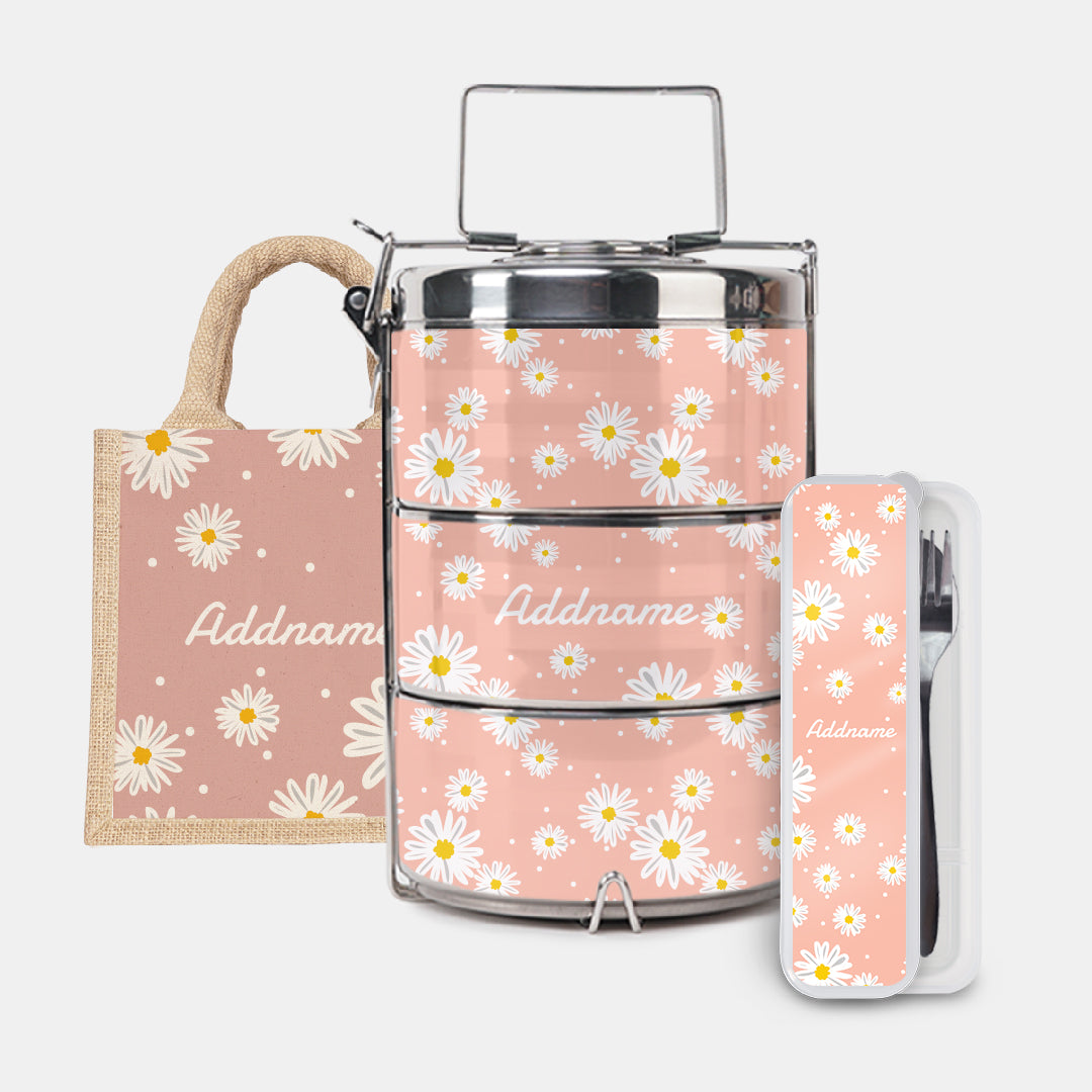 Daisy Series Half Lining Lunch Bag, Premium Tiffin Carrier And Cutlery Set - Coral Natural