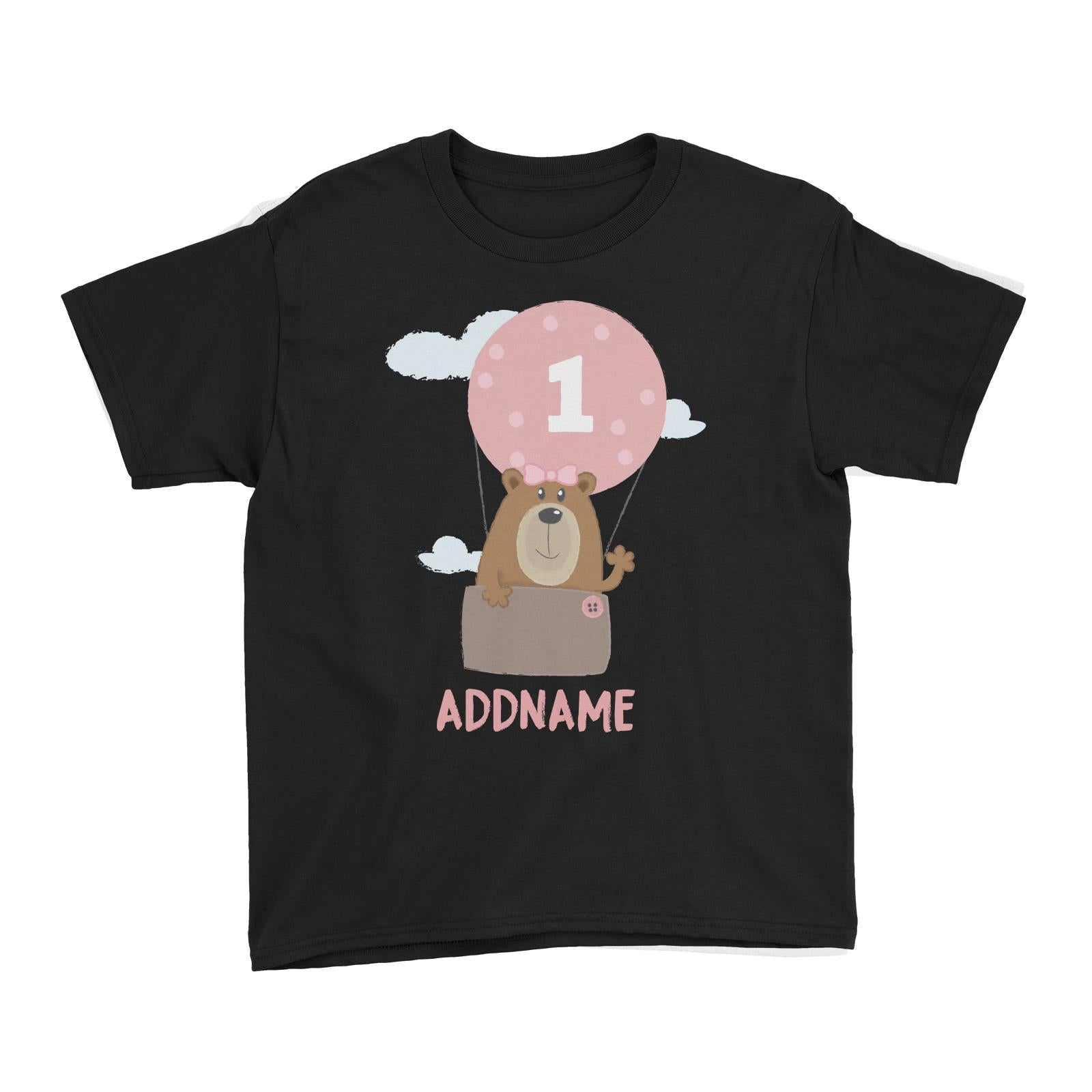 Cute Bear Girl with Hot Air Balloon Birthday Theme Personalizable with Name and Number Kid's T-Shirt