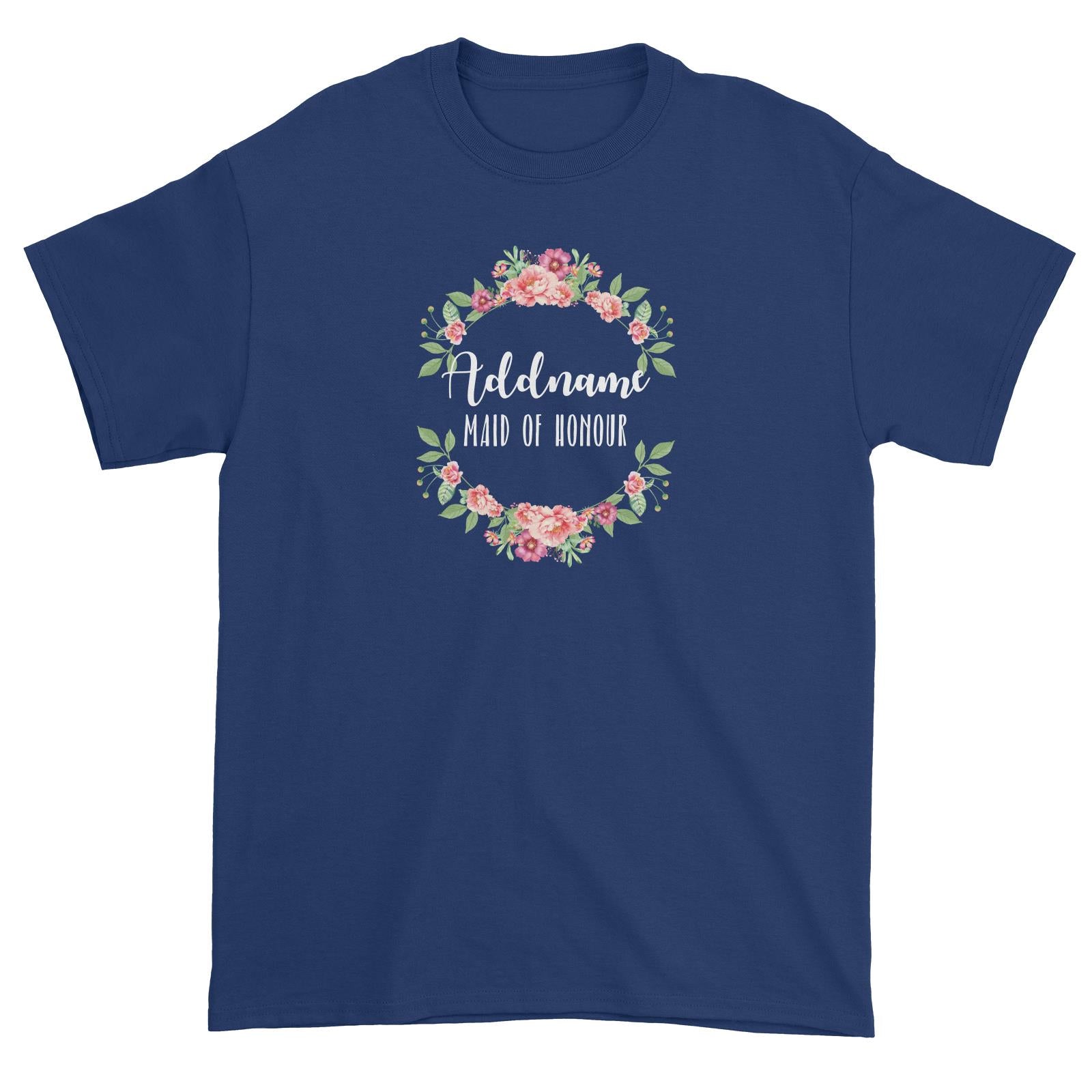 Bridesmaid Floral Sweet Coral Flower Wreath Maid Of Honour Addname Unisex T-Shirt