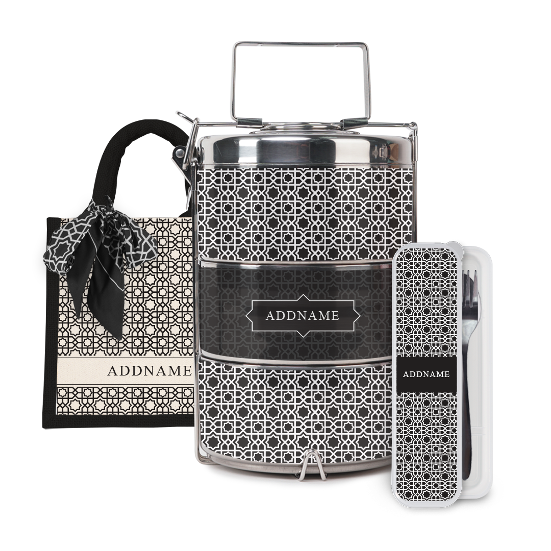 Annas Series - Black Half Lining Lunch Bag, Tiffin Carrier and Cutlery Set