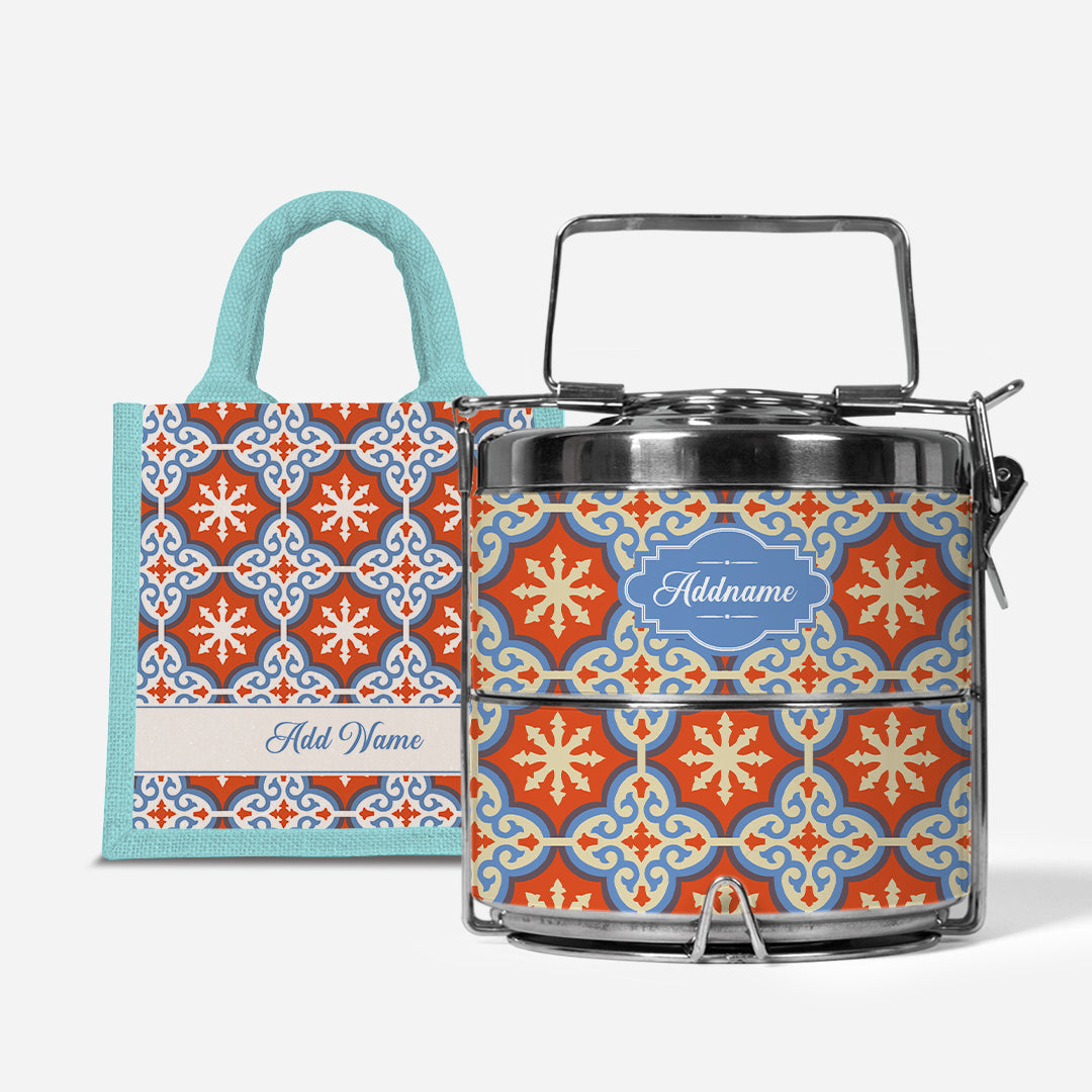 Moroccan Series Premium Two Tier Tiffin With Half Lining Lunch Bag  - Cherqi Light Blue