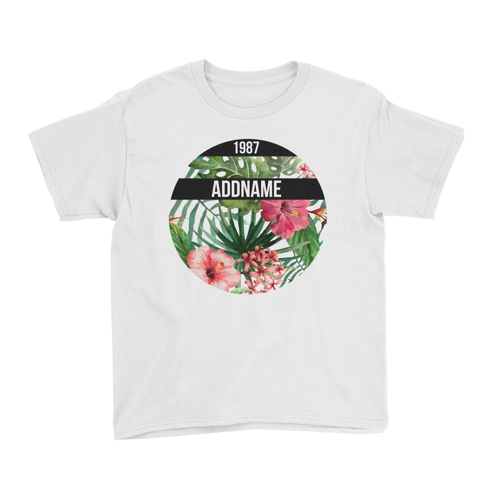 Tropical Leaves With Bunga Raya Personalizable with Name and Year Kid's T-Shirt