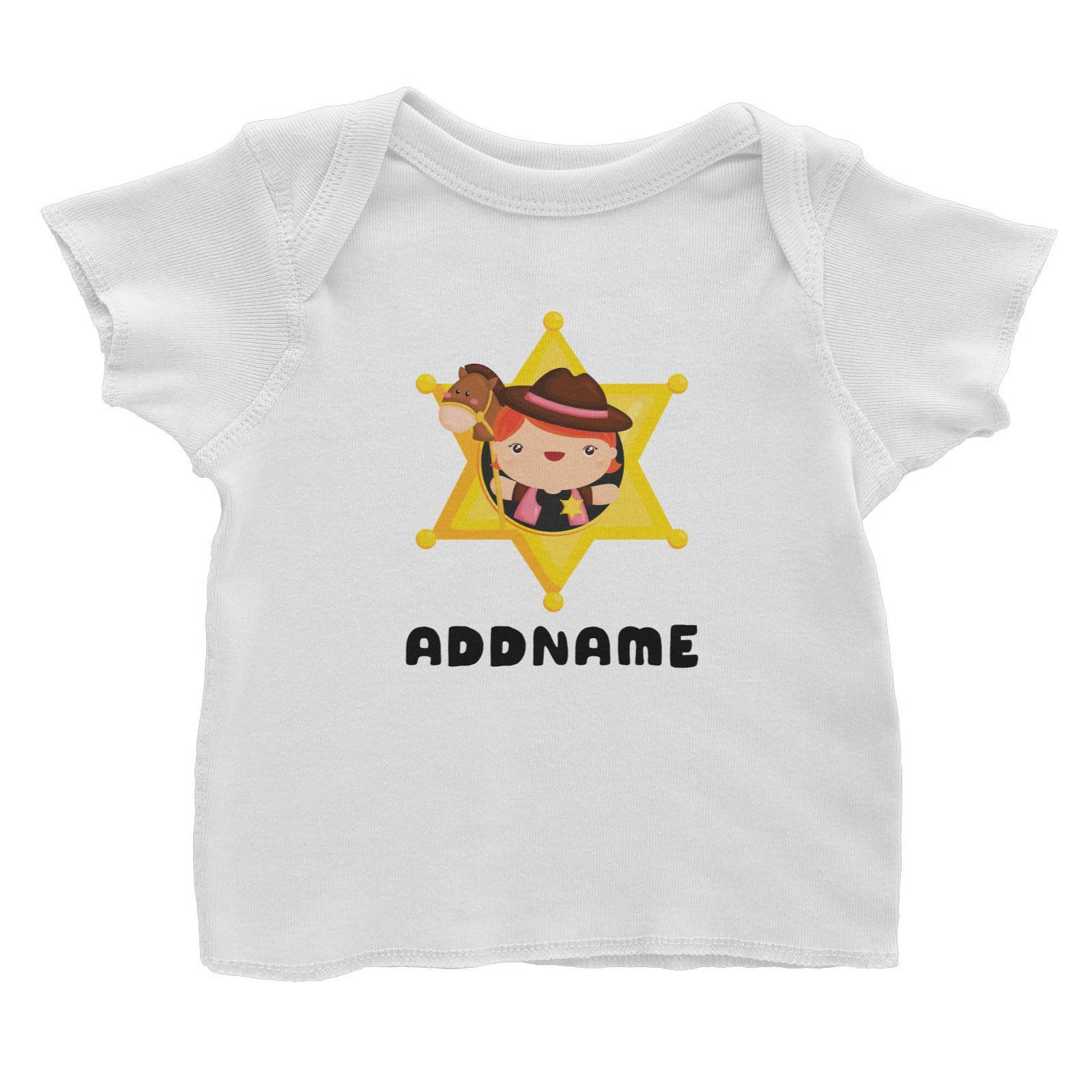 Birthday Cowboy Style Little Cowgirl Holding Toy Horse In Star Badge Addname Baby T-Shirt