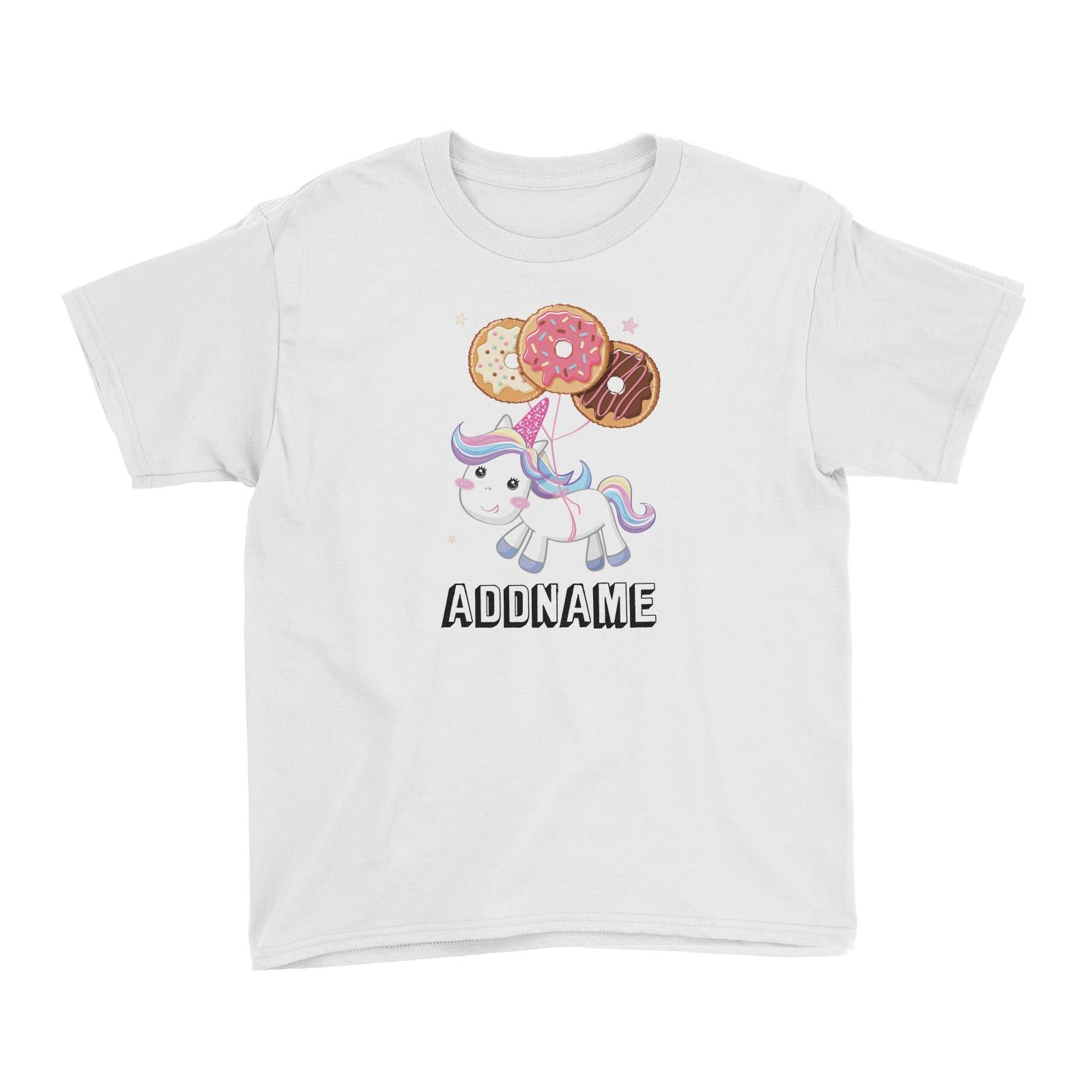 Birthday Unicorn Flying Donuts Balloon In Air Addname Kid's T-Shirt