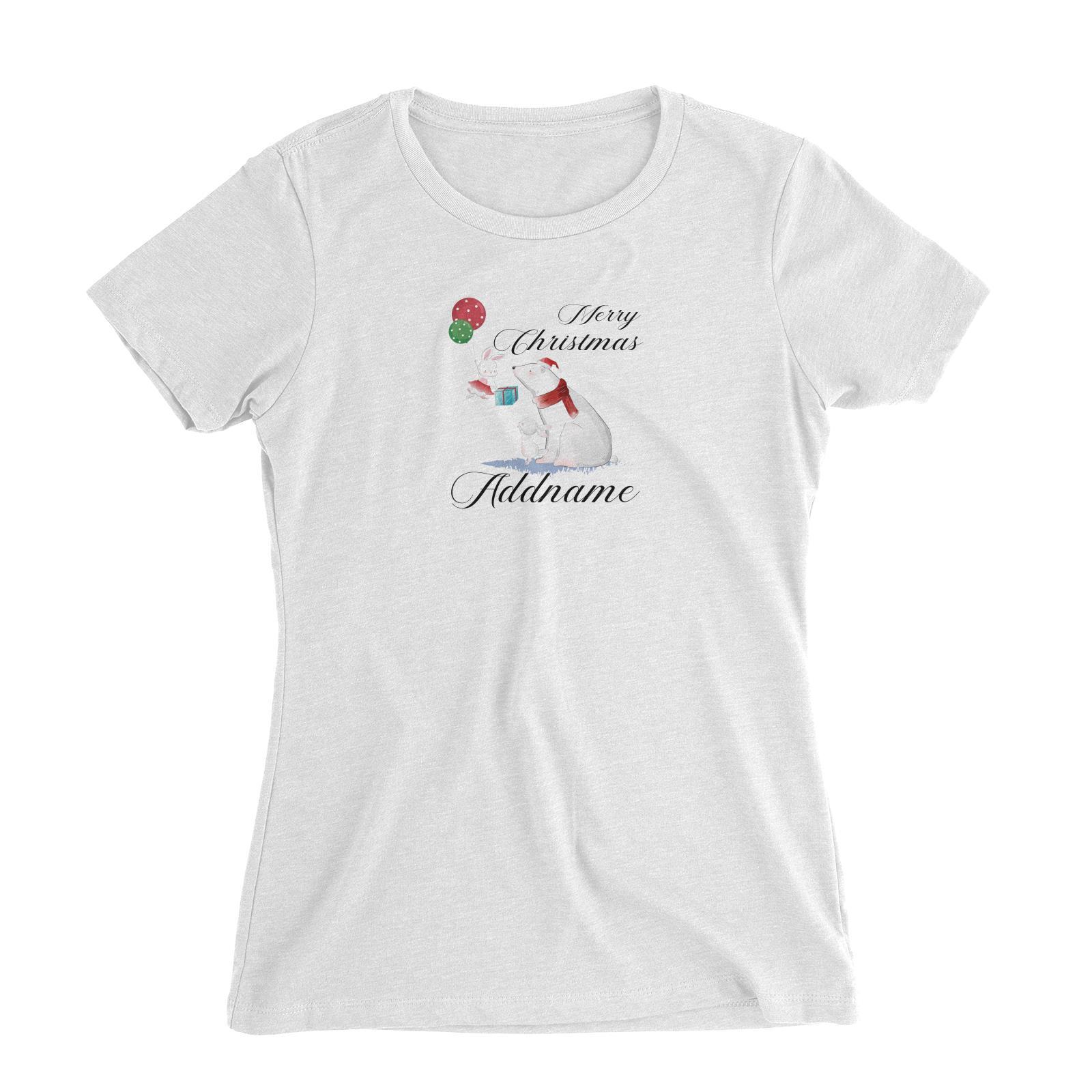 Christmas Cute Rabbits And Polar Bear With Present Merry Christmas Addname Women Slim Fit T-Shirt