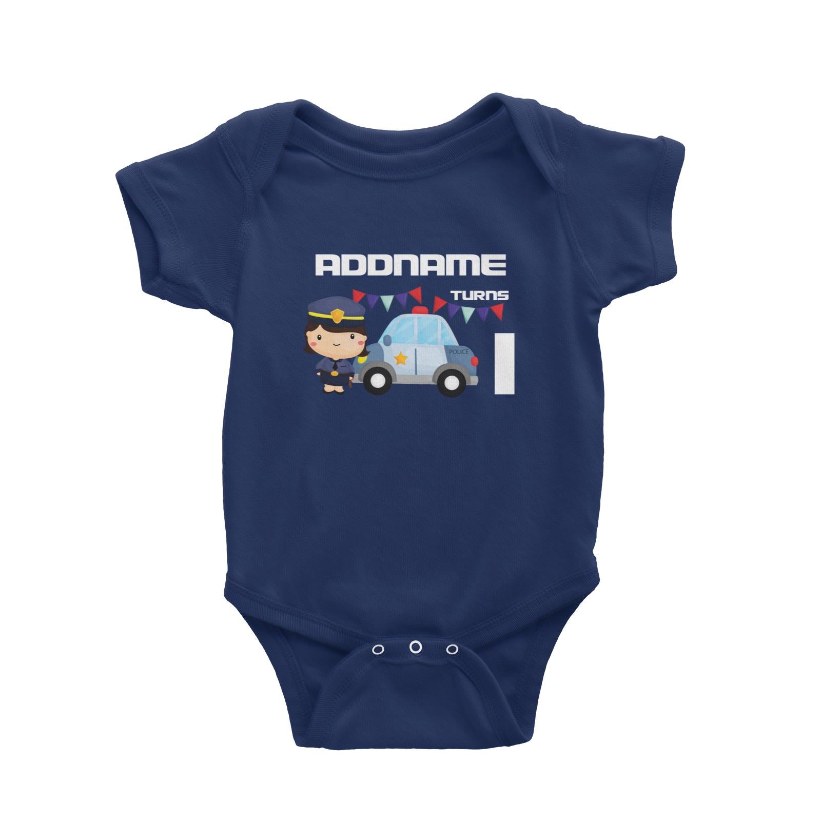 Birthday Police Officer Girl In Suit With Police Car Addname Turns 1 Baby Romper