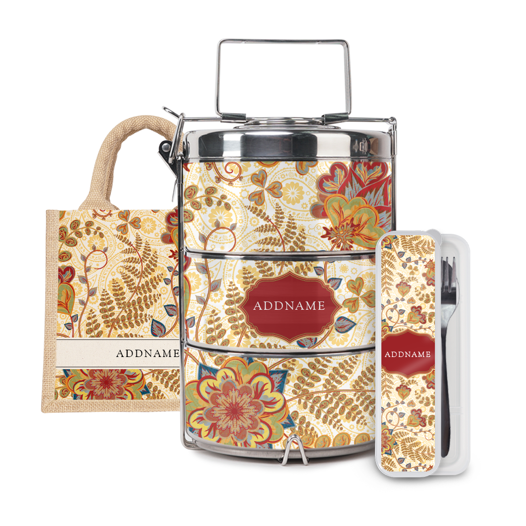Batik Series - Mawar Half Lining Lunch Bag, Tiffin Carrier and Cutlery Set