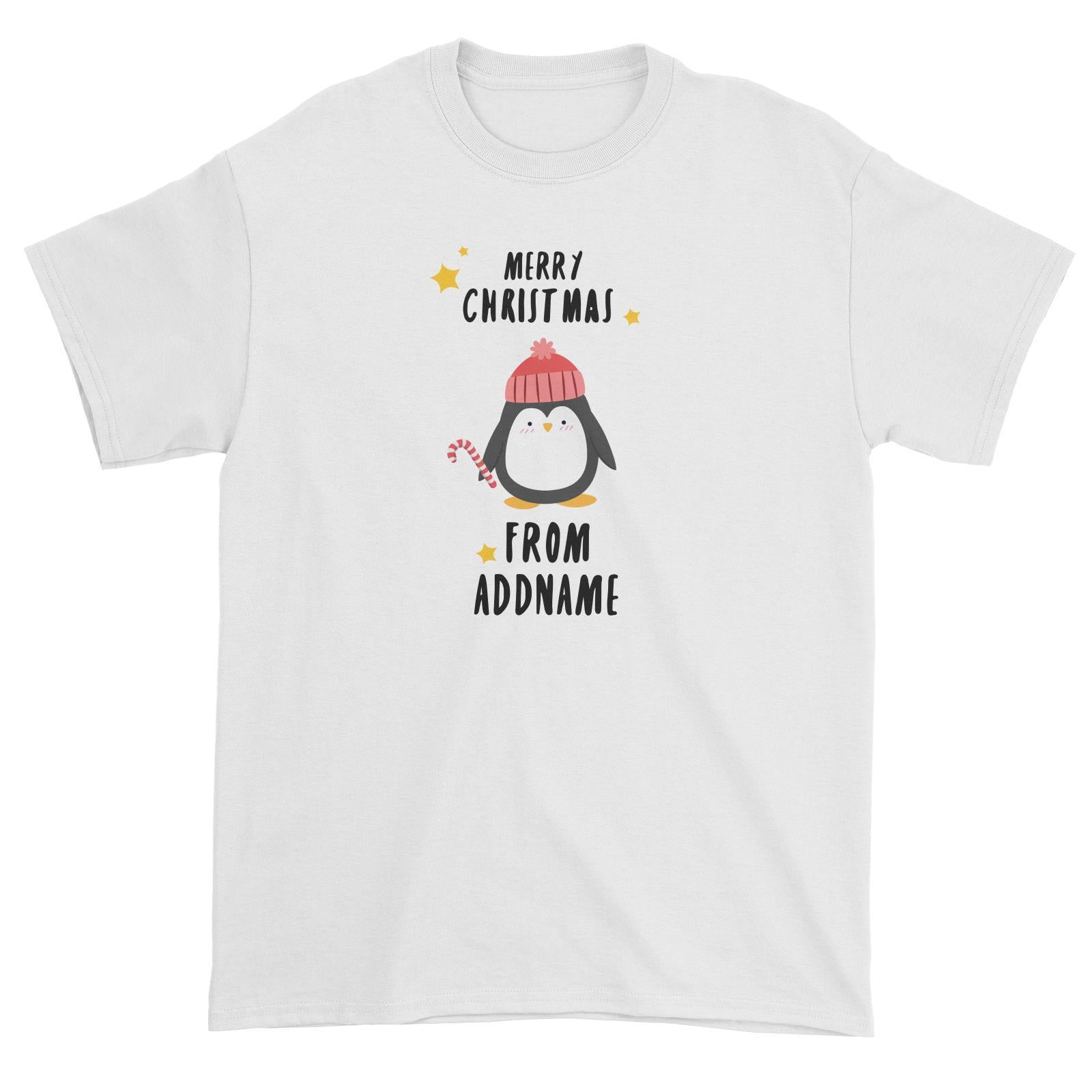 Cute Penguin Merry Christmas Greeting Addname Unisex T-Shirt  Animal Personalizable Designs Matching Family