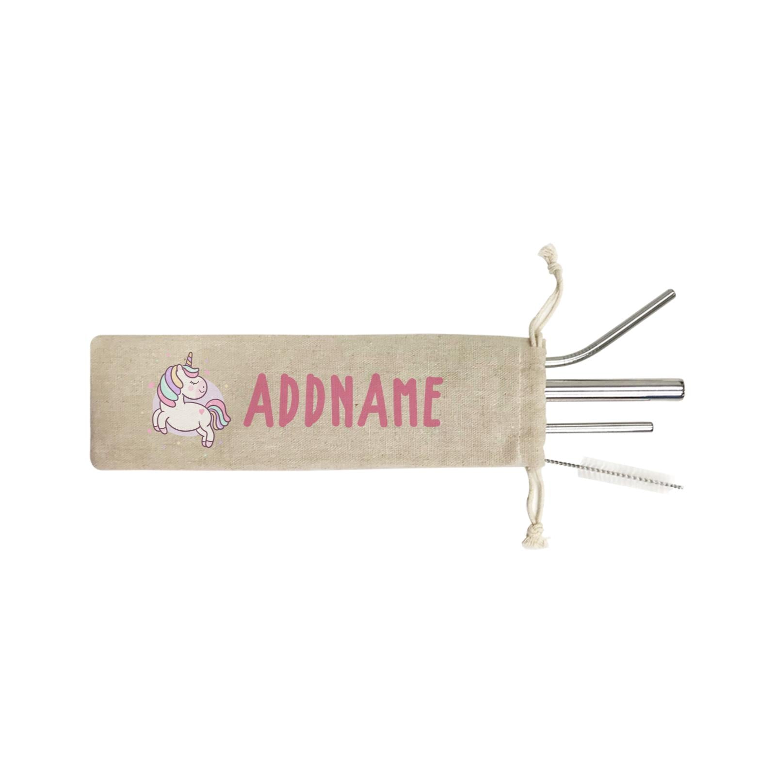 Unicorn And Princess Series Cute Pastel Unicorn Addname SB 4-In-1 Stainless Steel Straw Set in Satchel