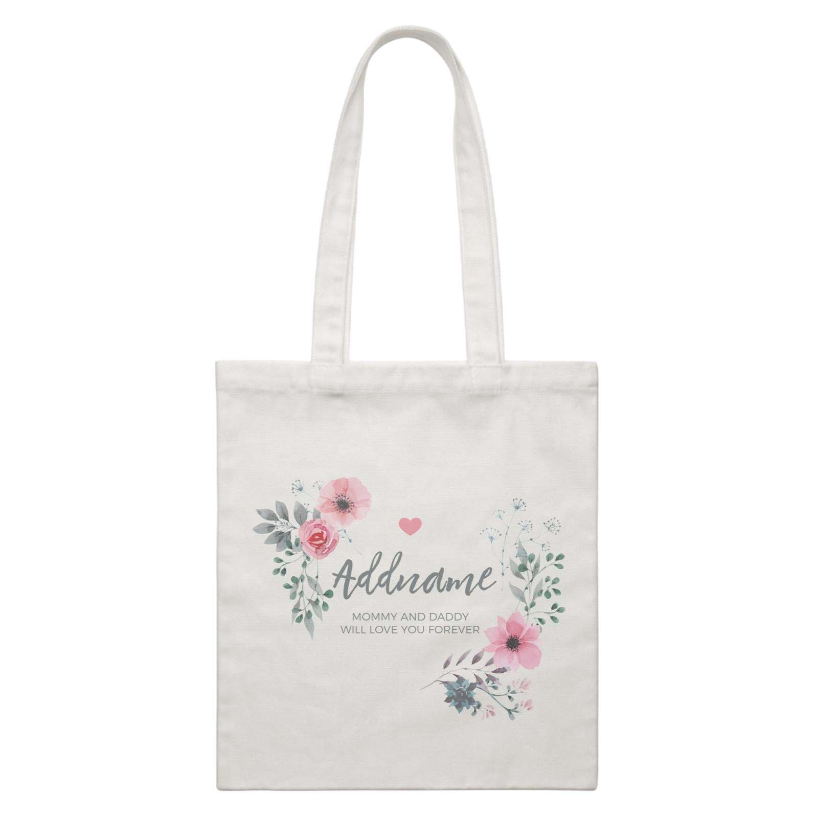 Watercolour Pink Flowers and Dark Wreath Personalizable with Name and Text White Canvas Bag