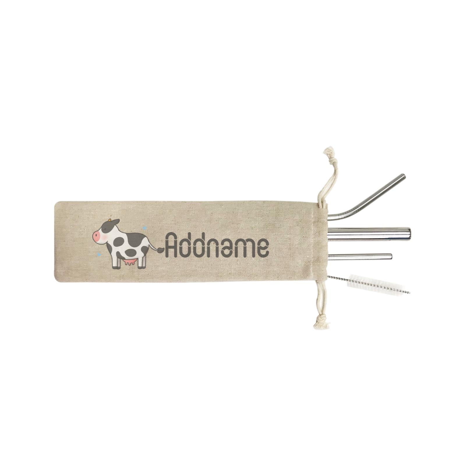 Cute Hand Drawn Style Cow Addname ST SZP 4-In-1 Stainless Steel Straw Set in Satchel
