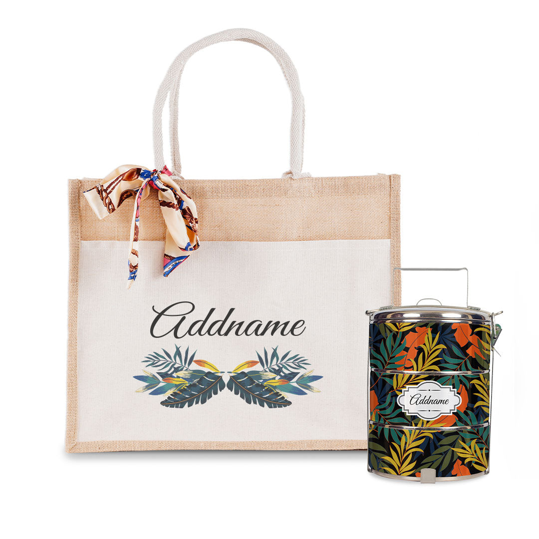Colourful Leaves Tiffin Carrier and Jute Bag with Front Pocket Set