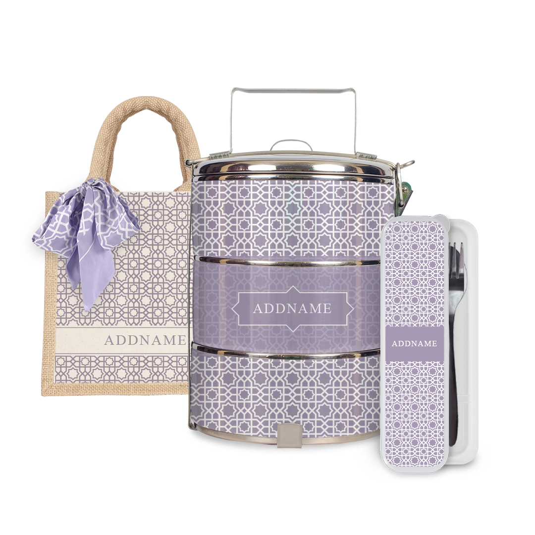 Annas Series - Purple Half Lining Lunch Bag, Tiffin Carrier and Cutlery Set