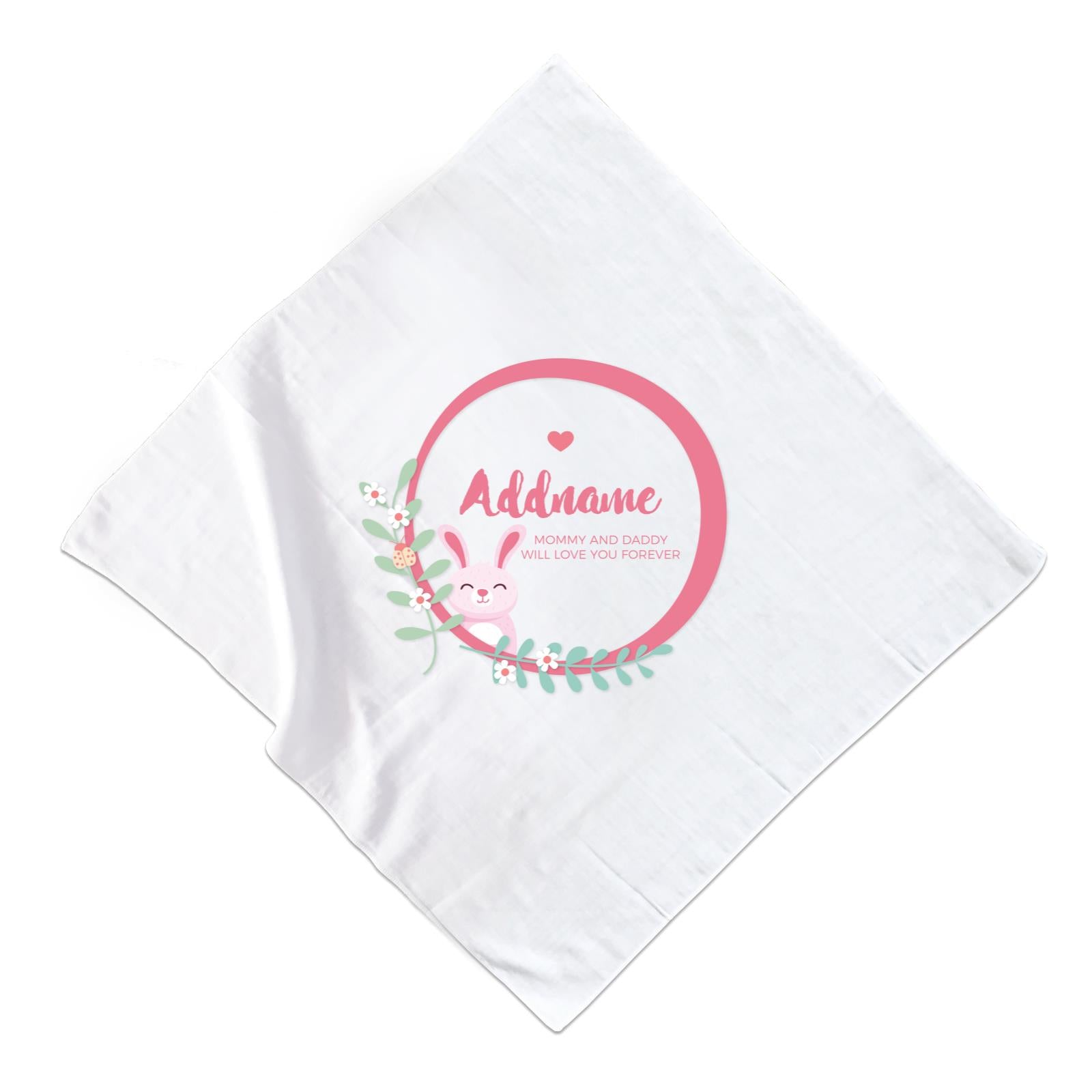 Cute Pink Rabbit in Pink Ring Personalizable with Name and Text Muslin Square
