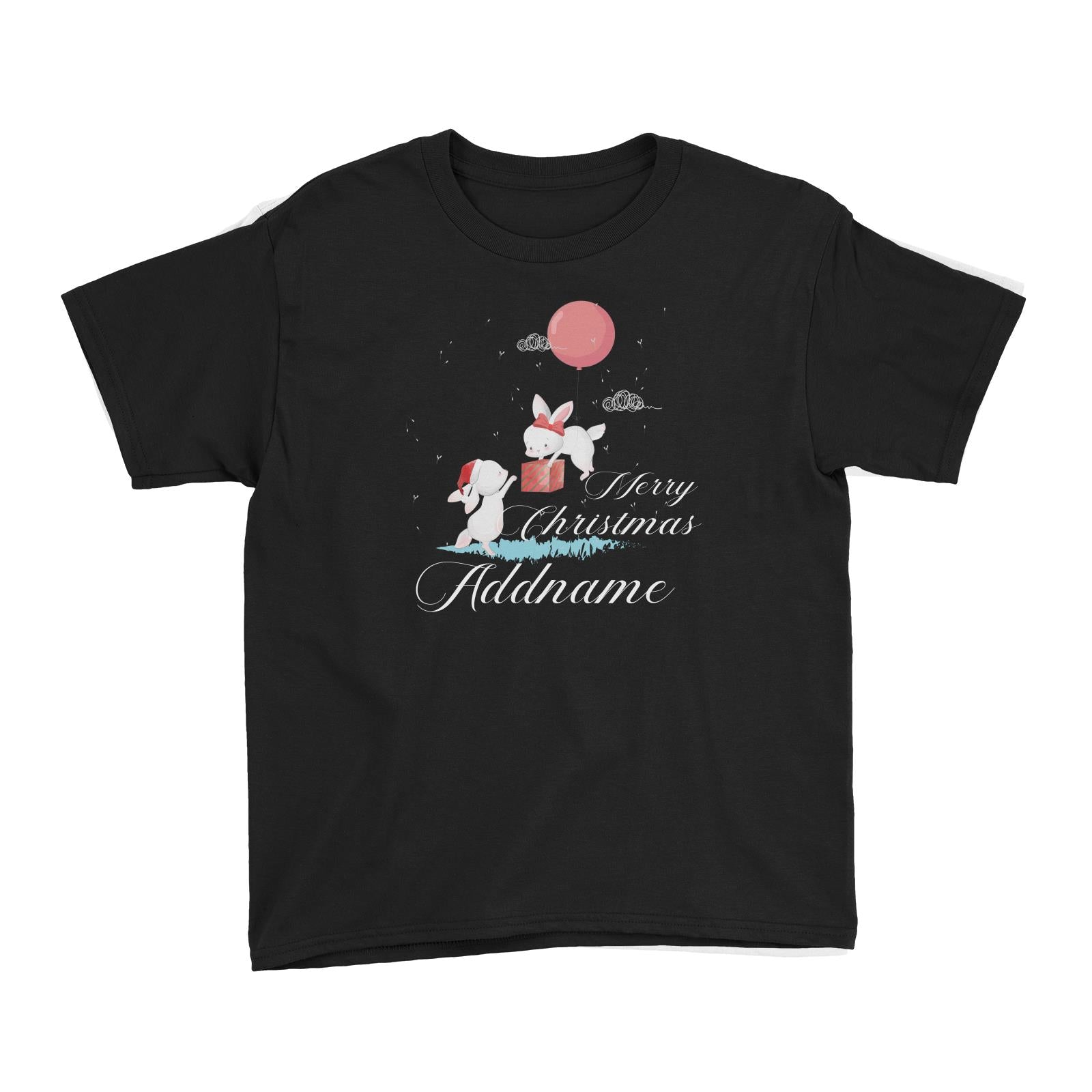 Christmas Cute Rabbits With Balloon Merry Christmas Addname Kid's T-Shirt