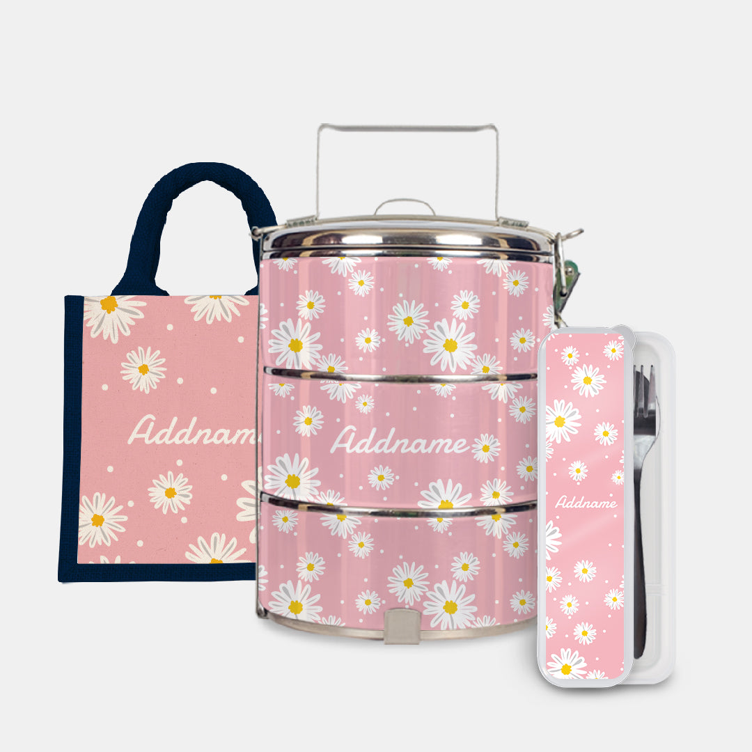 Daisy Series Half Lining Lunch Bag, Standard Tiffin Carrier And Cutlery Set - Blush Navy