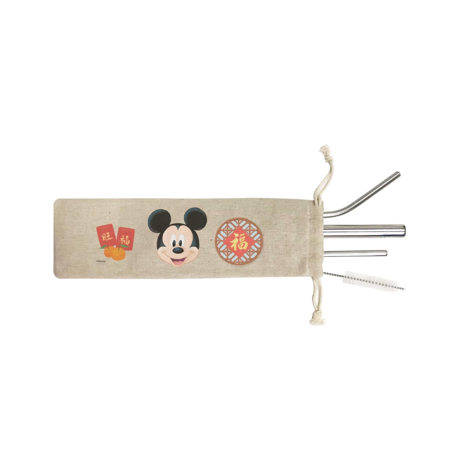 Disney CNY Mickey With Prosperity Elements Non Personalised SB 4-in-1 Stainless Steel Straw Set In a Satchel