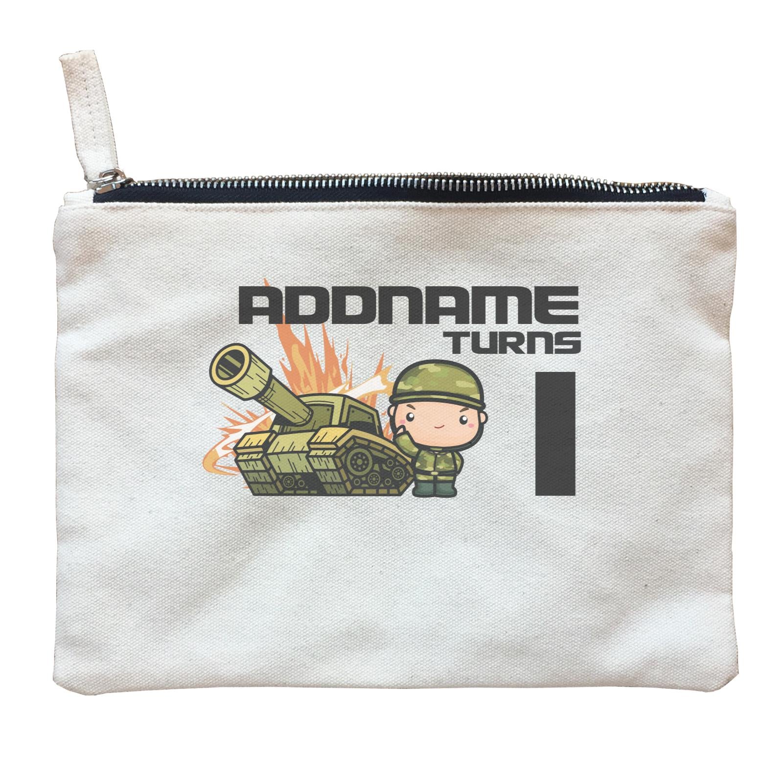 Birthday Battle Theme Tank And Army Soldier Boy Addname Turns 1 Zipper Pouch