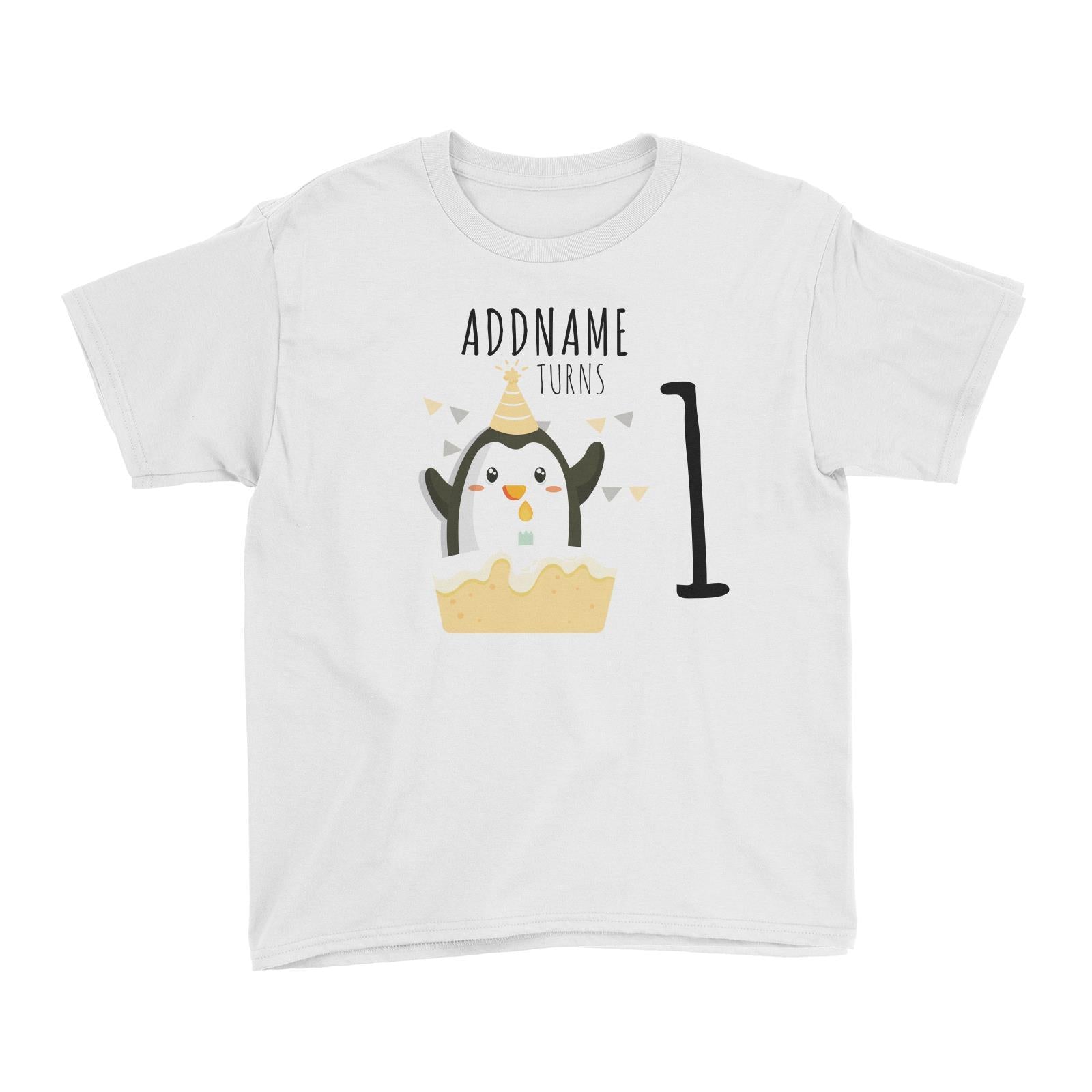Birthday Cute Penguin And Cake Addname Turns 1 Kid's T-Shirt