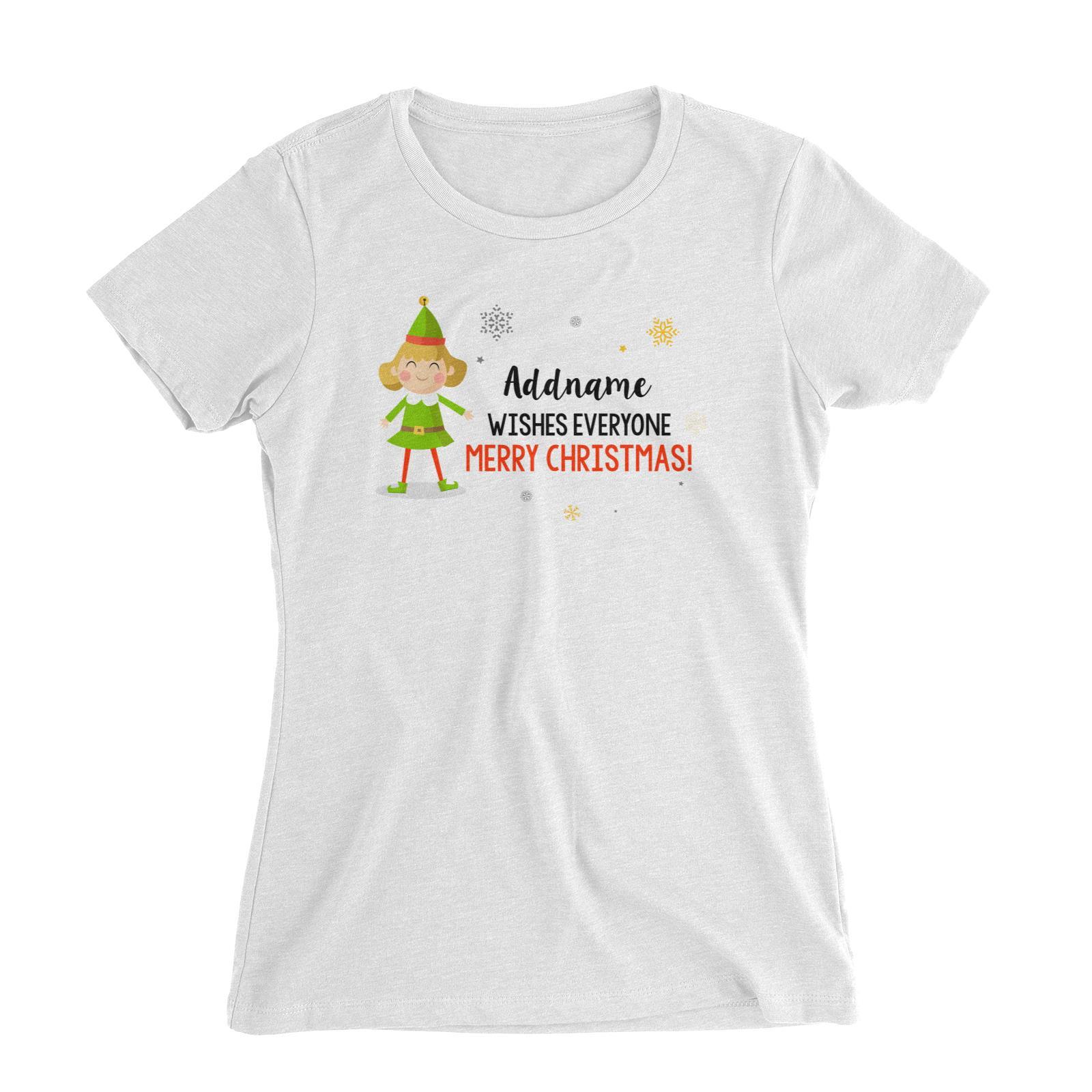 Cute Elf Woman Wishes Everyone Merry Christmas Addname Women's Slim Fit T-Shirt  Matching Family Personalizable Designs