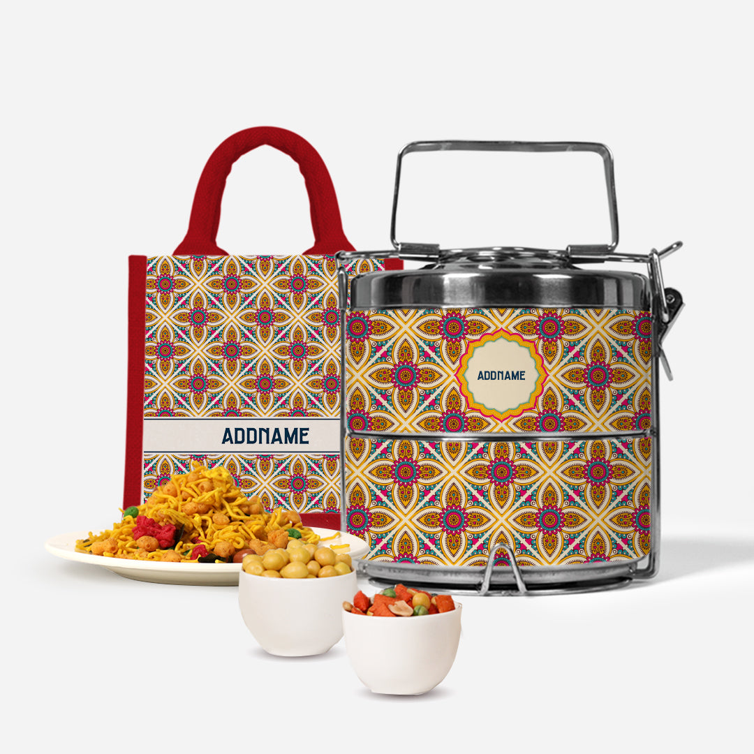 Pookal Series Half Lining Lunch Bag with Premium Two Tier Tiffin Carrier and Snacks - Vibrant Tiles Red