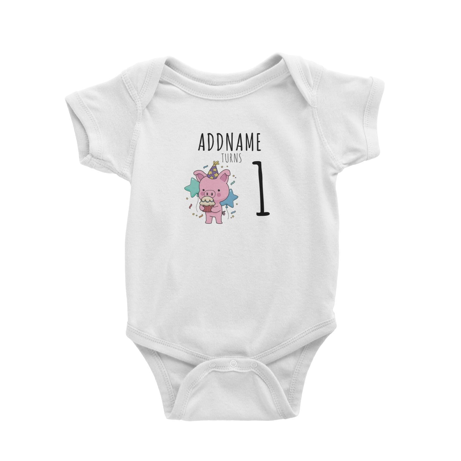 Birthday Sketch Animals Pig with Party Hat Eating Cupcake Addname Turns 1 Baby Romper