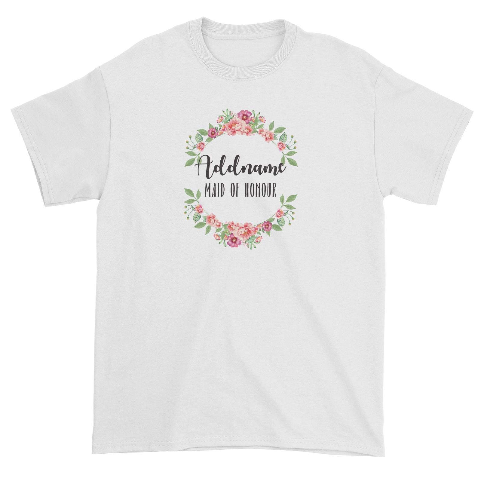 Bridesmaid Floral Sweet Coral Flower Wreath Maid Of Honour Addname Unisex T-Shirt