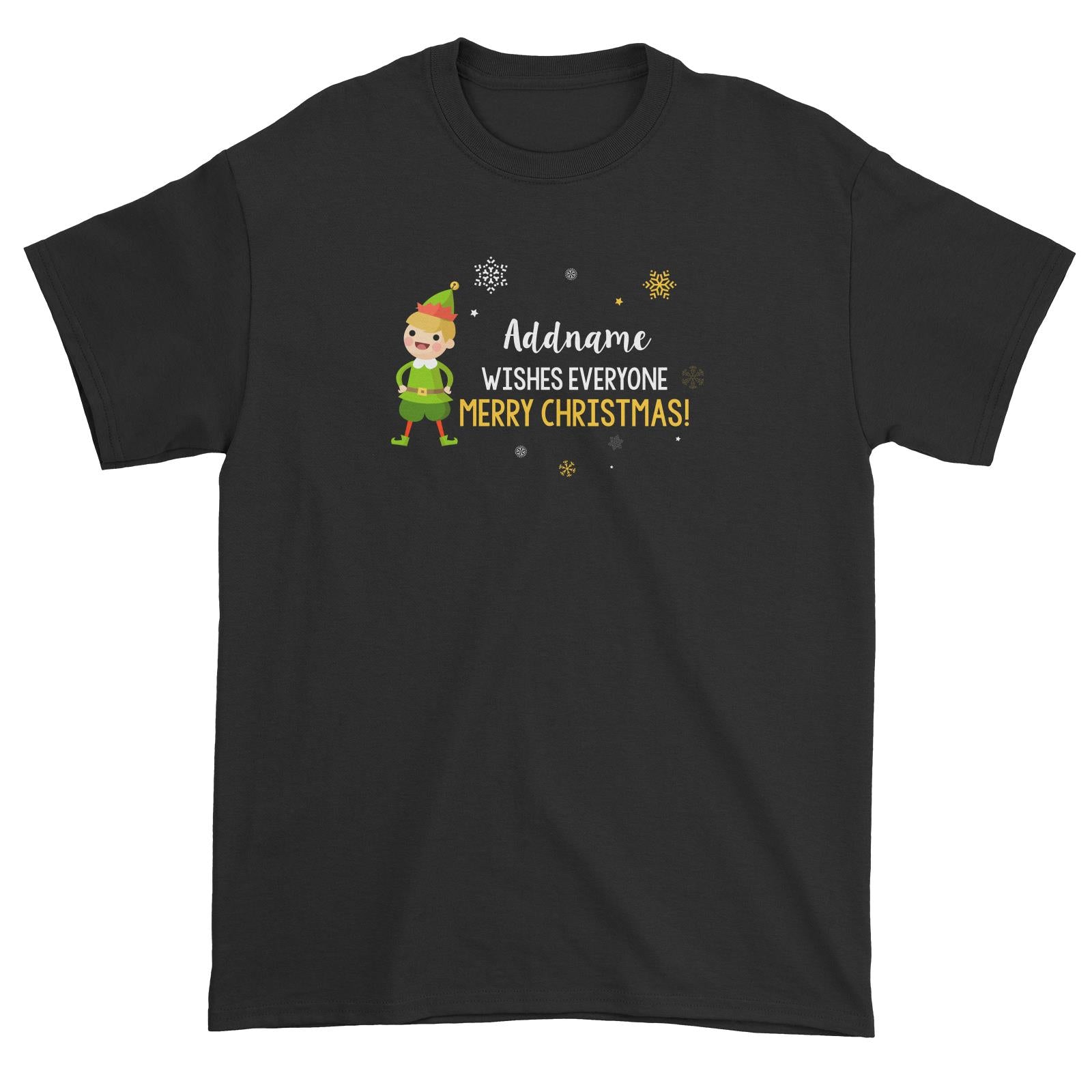 Cute Elf Boy Wishes Everyone Merry Christmas Addname Unisex T-Shirt  Matching Family Personalizable Designs