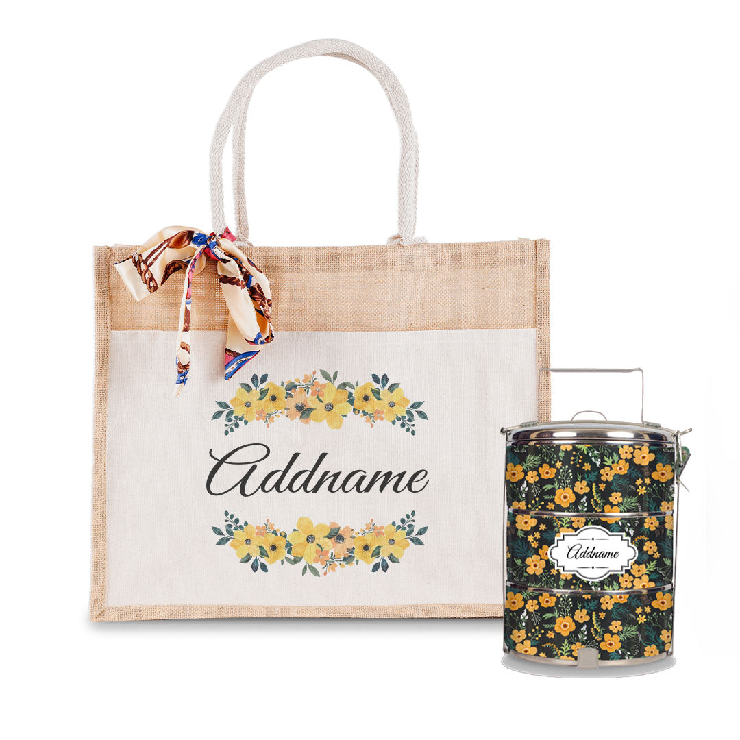 Yellow Windflower Tiffin Carrier and Jute Bag with Front Pocket Set
