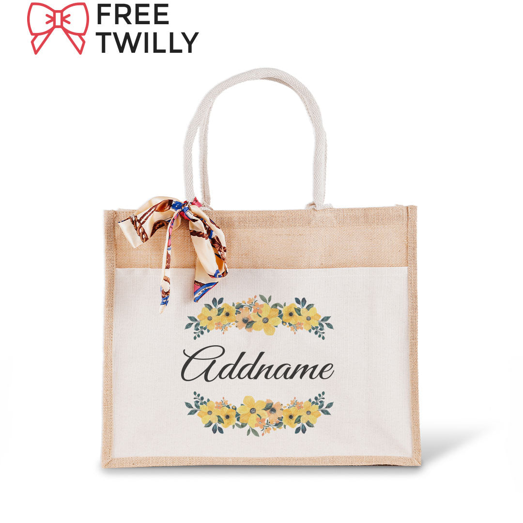 Yellow Windflower Jute Bag with Front Pocket