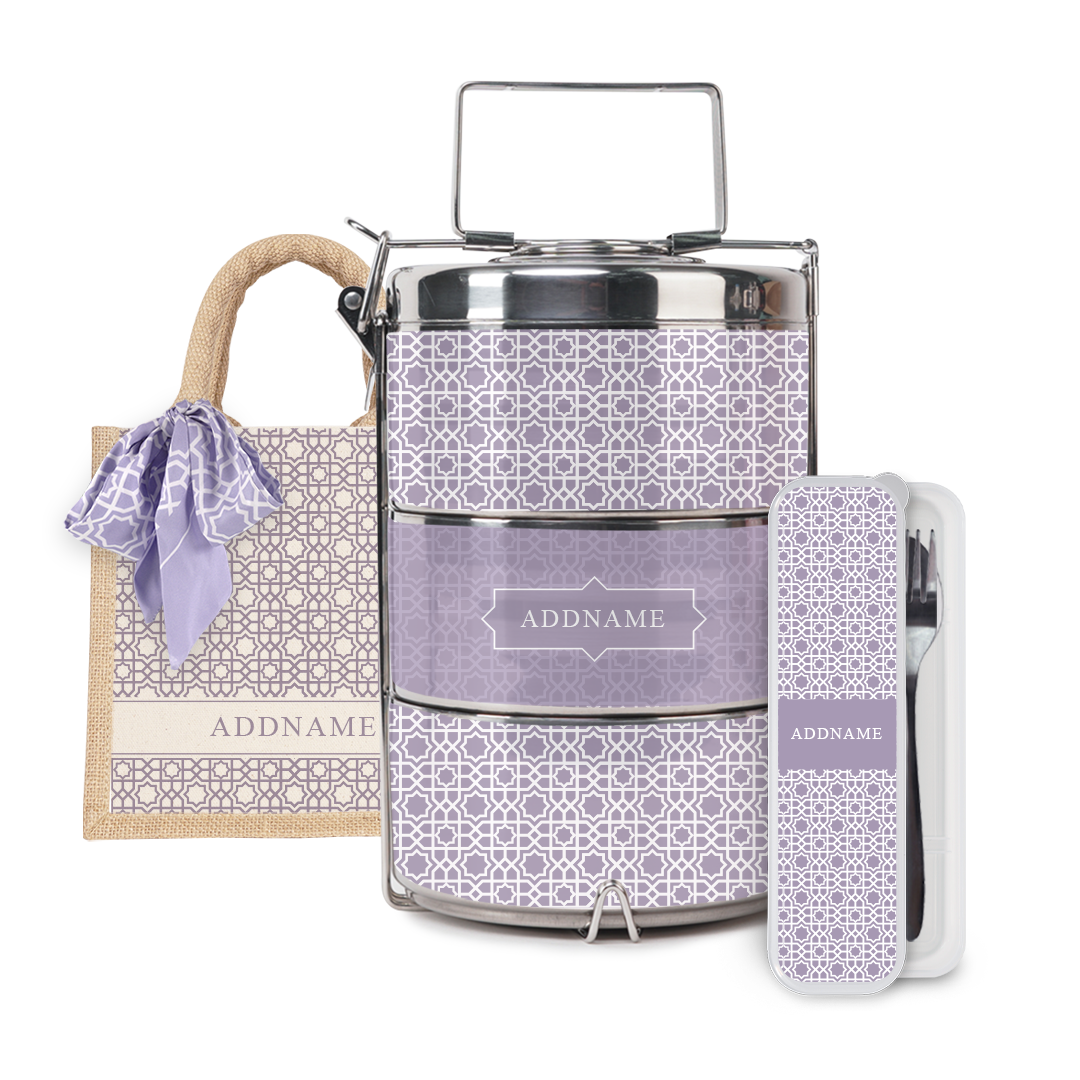 Annas Series - Purple Half Lining Lunch Bag, Tiffin Carrier and Cutlery Set
